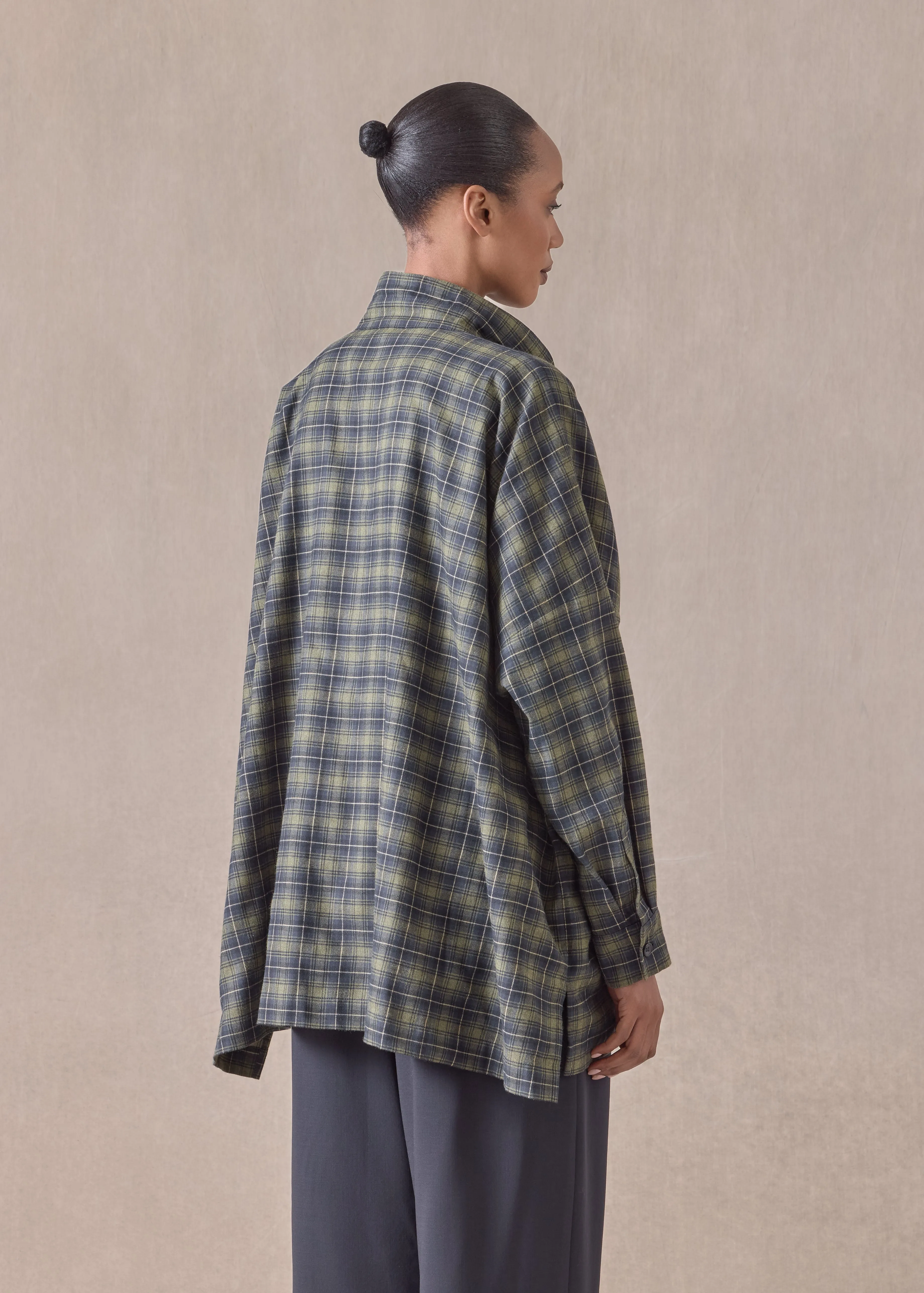 cotton wide longer back double stand collar shirt jacket - long (olivenavy) sold by eskandar product image thumbnail 4