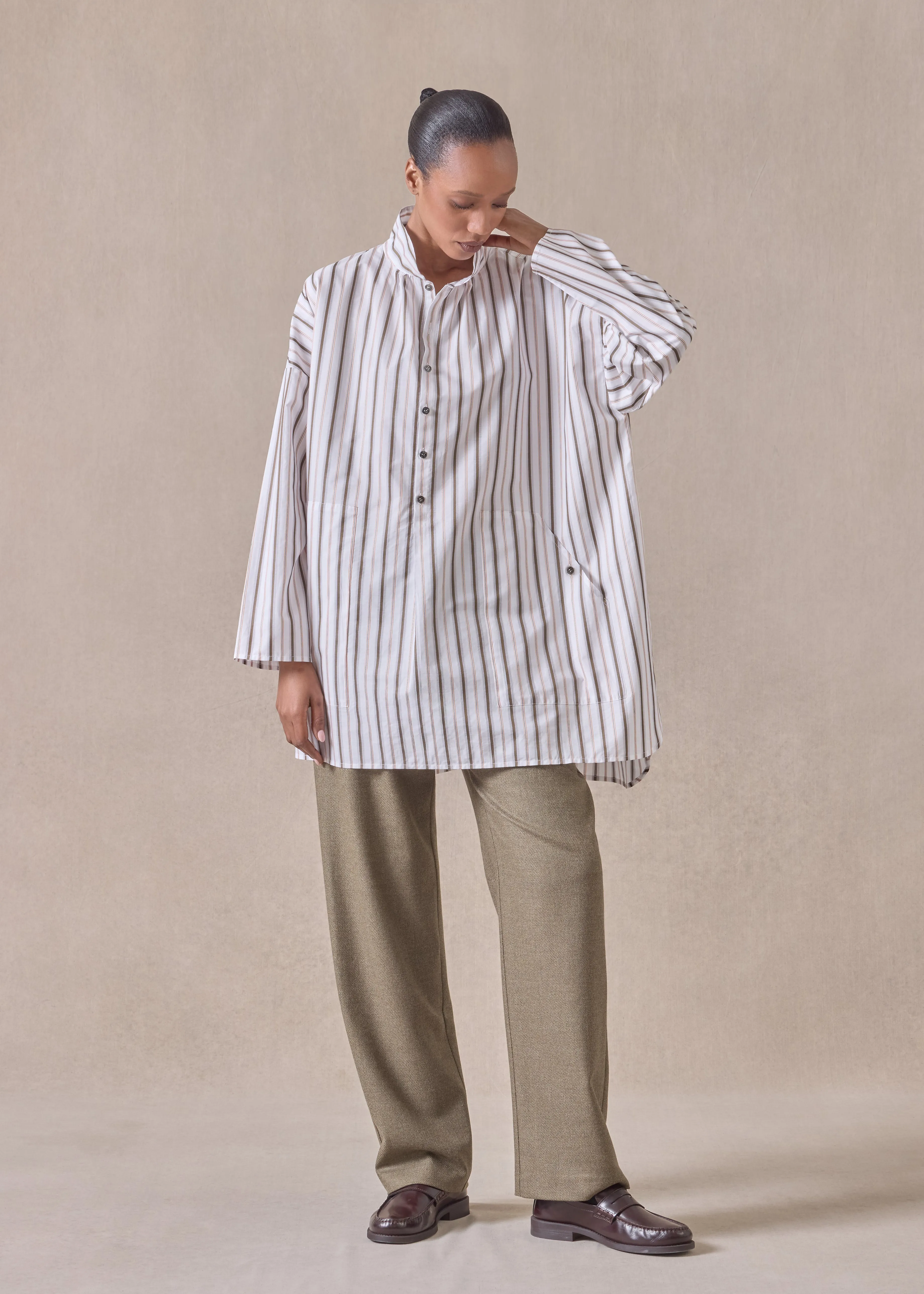 cotton sloped shoulder wide a-line artists smock with pleated collar - long plus (oliveorange) sold by eskandar