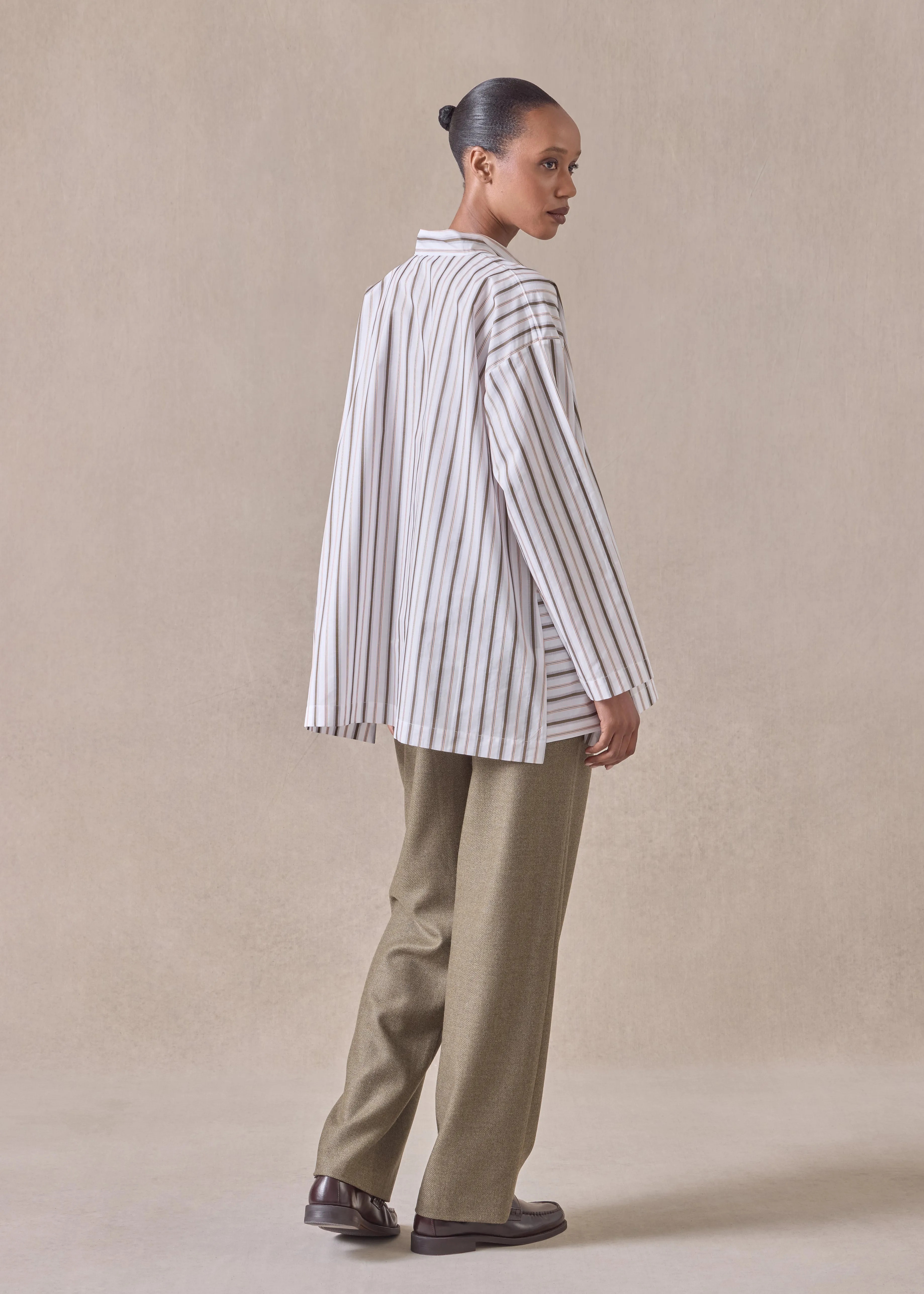 cotton slim a-line collarless shirt with stepped insert - long (oliveorange) sold by eskandar product image thumbnail 4