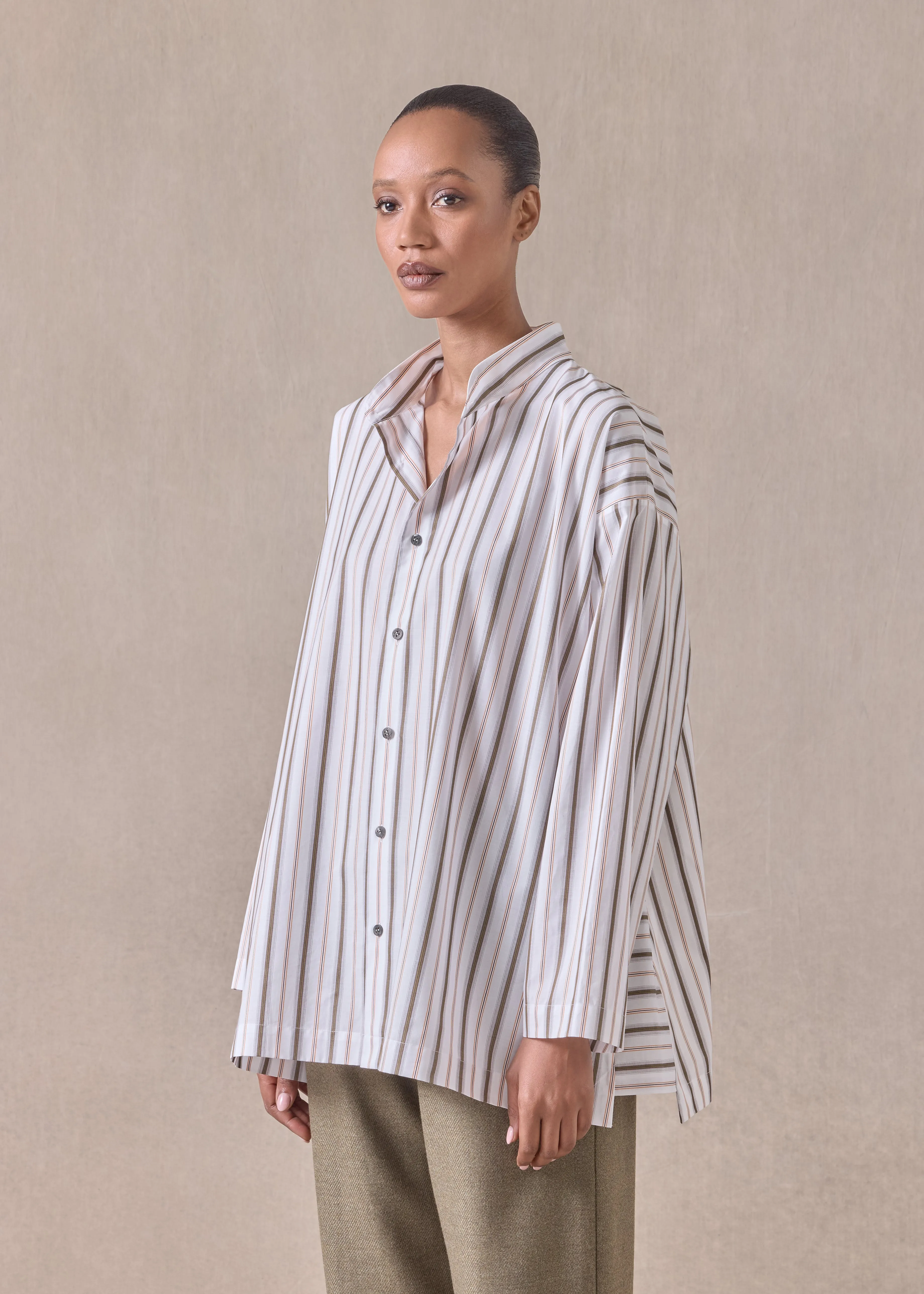 cotton slim a-line collarless shirt with stepped insert - long (oliveorange) sold by eskandar product image thumbnail 2