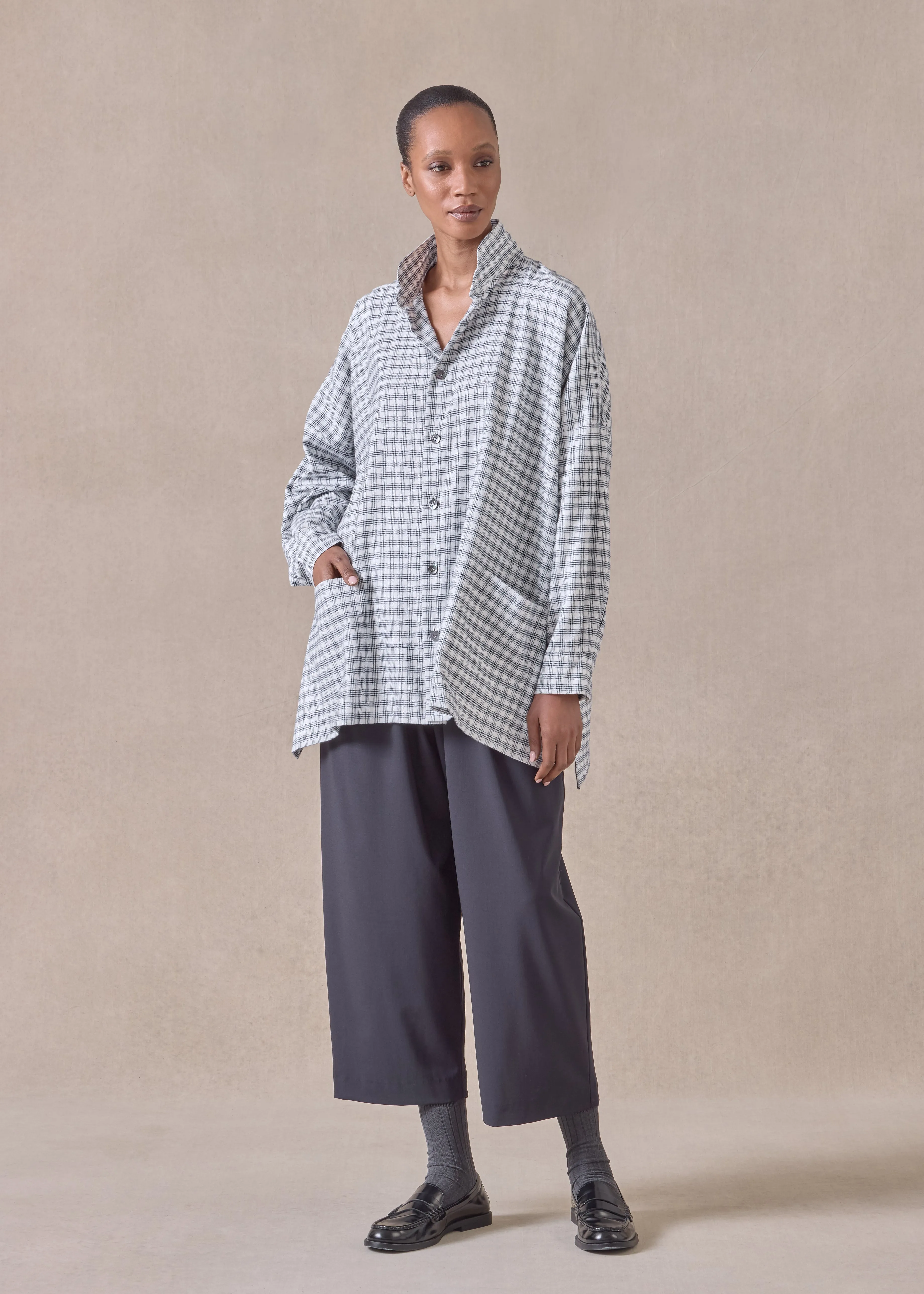 cotton wide longer back double stand collar shirt jacket - long (ivorynavy) sold by eskandar