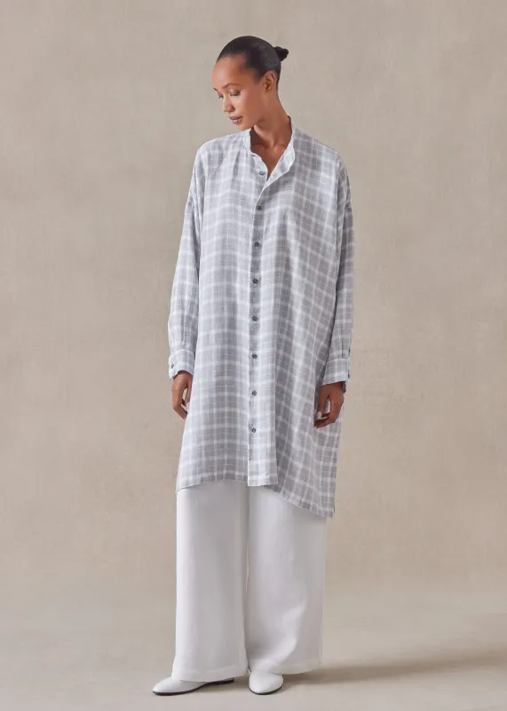 linen wide a-line collarless shirt - very long with slits sold by eskandar