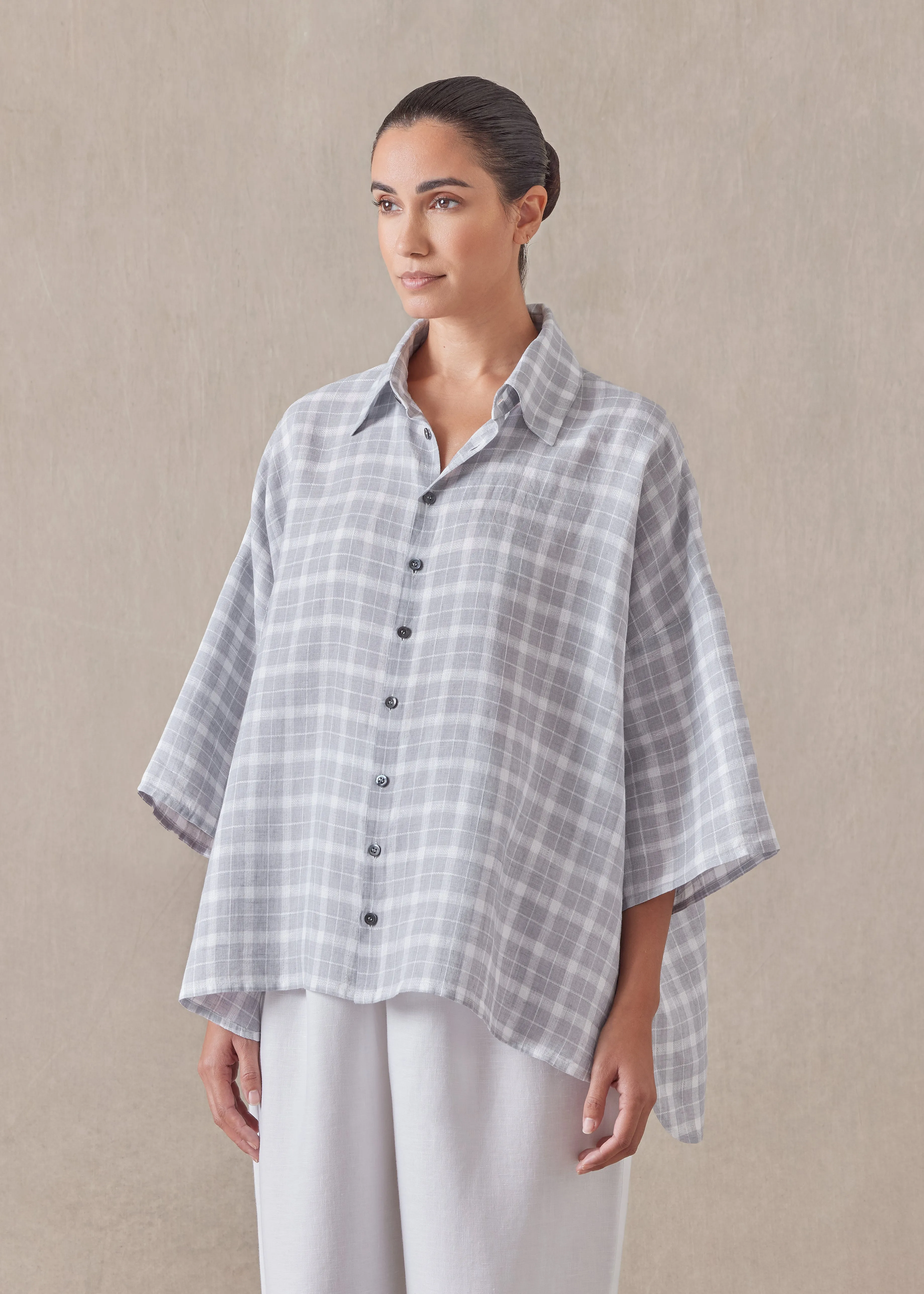 linen sloped shoulder wide a-line short sleeve shirt with collar - mid sold by eskandar product image thumbnail 2
