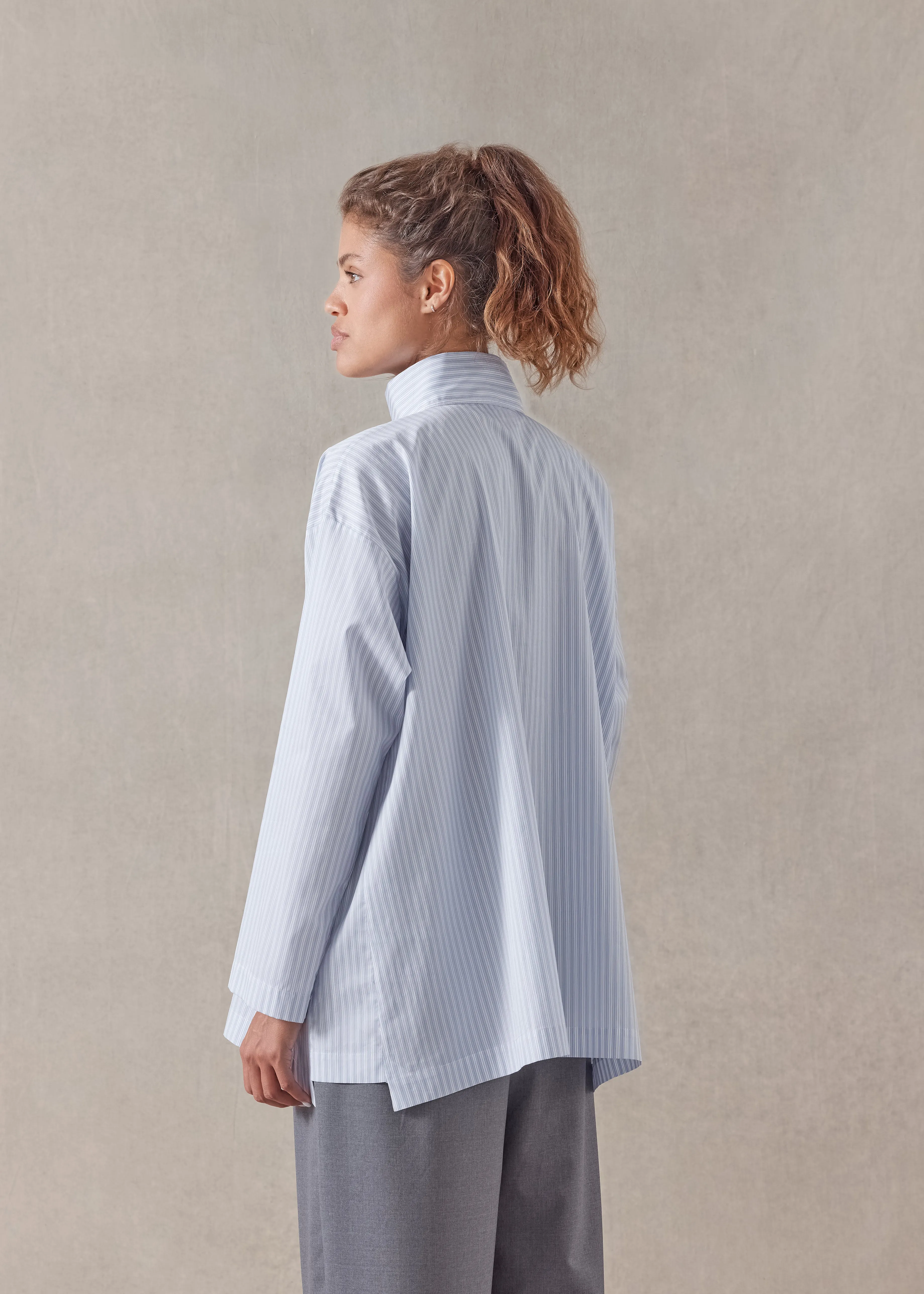 cotton slim a-line two collar shirt with stepped insert - long (skyblue) sold by eskandar product image thumbnail 5