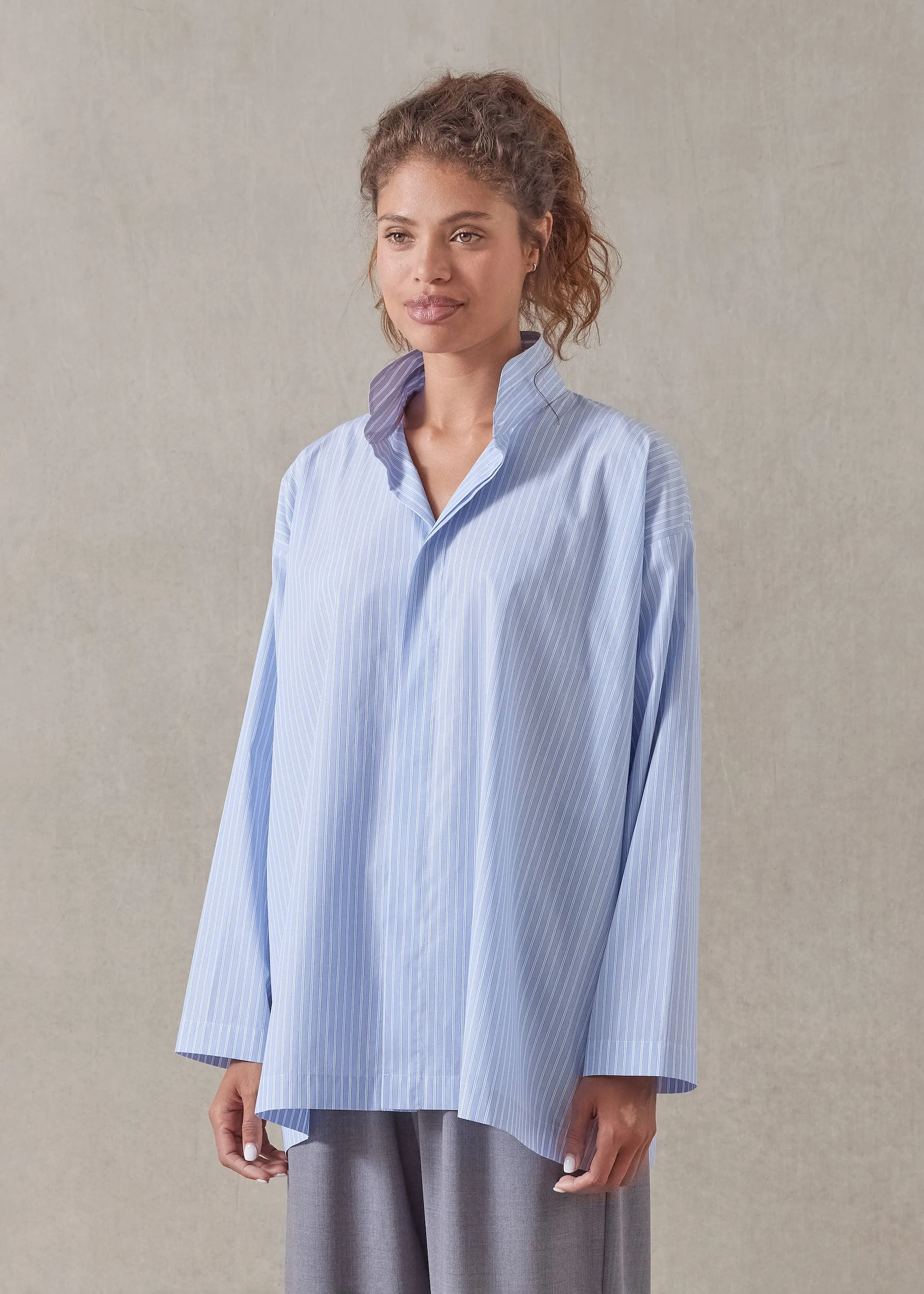 cotton slim a-line double stand collar shirt with stepped insert - long (bluewash) sold by eskandar