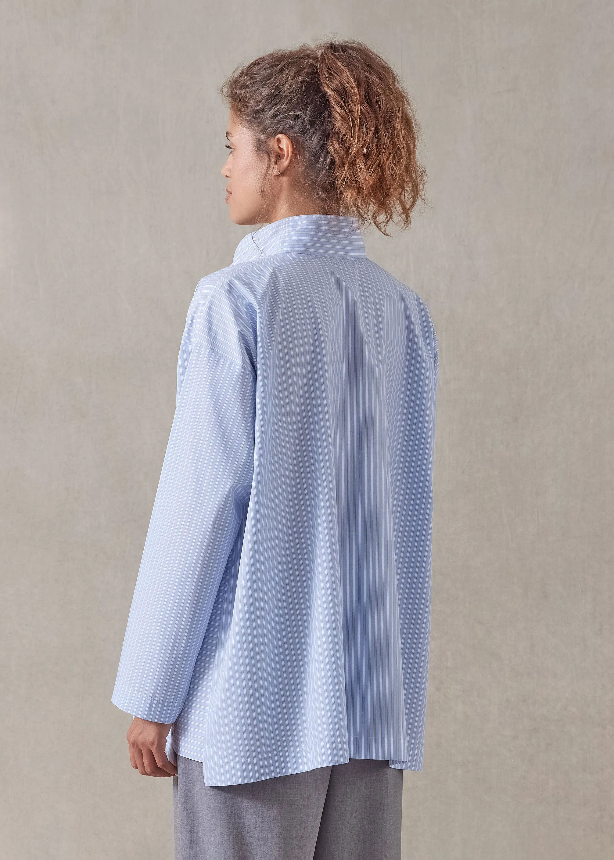 cotton slim a-line double stand collar shirt with stepped insert - long (bluewash) sold by eskandar product image thumbnail 3