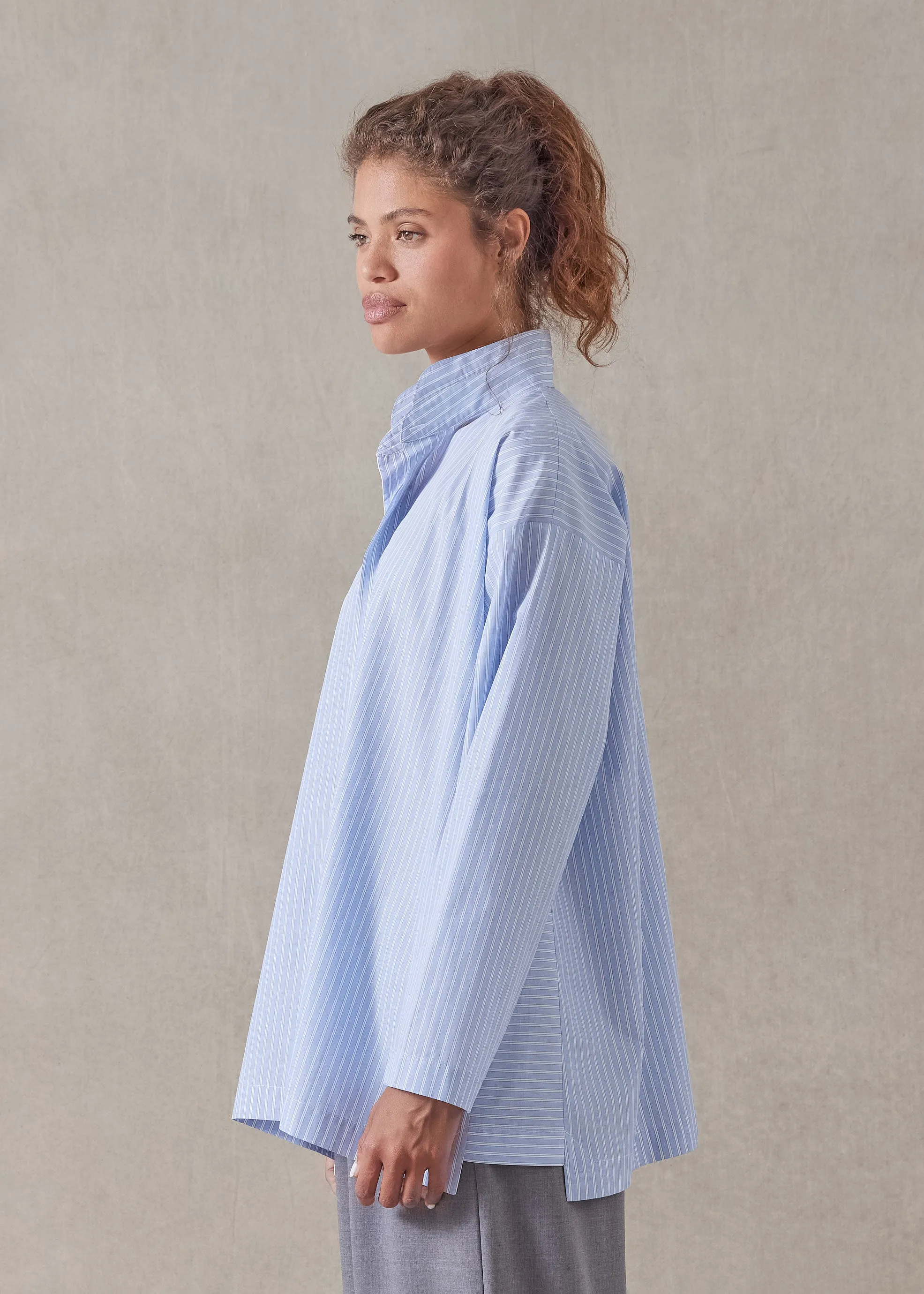 cotton slim a-line double stand collar shirt with stepped insert - long (bluewash) sold by eskandar product image thumbnail 2