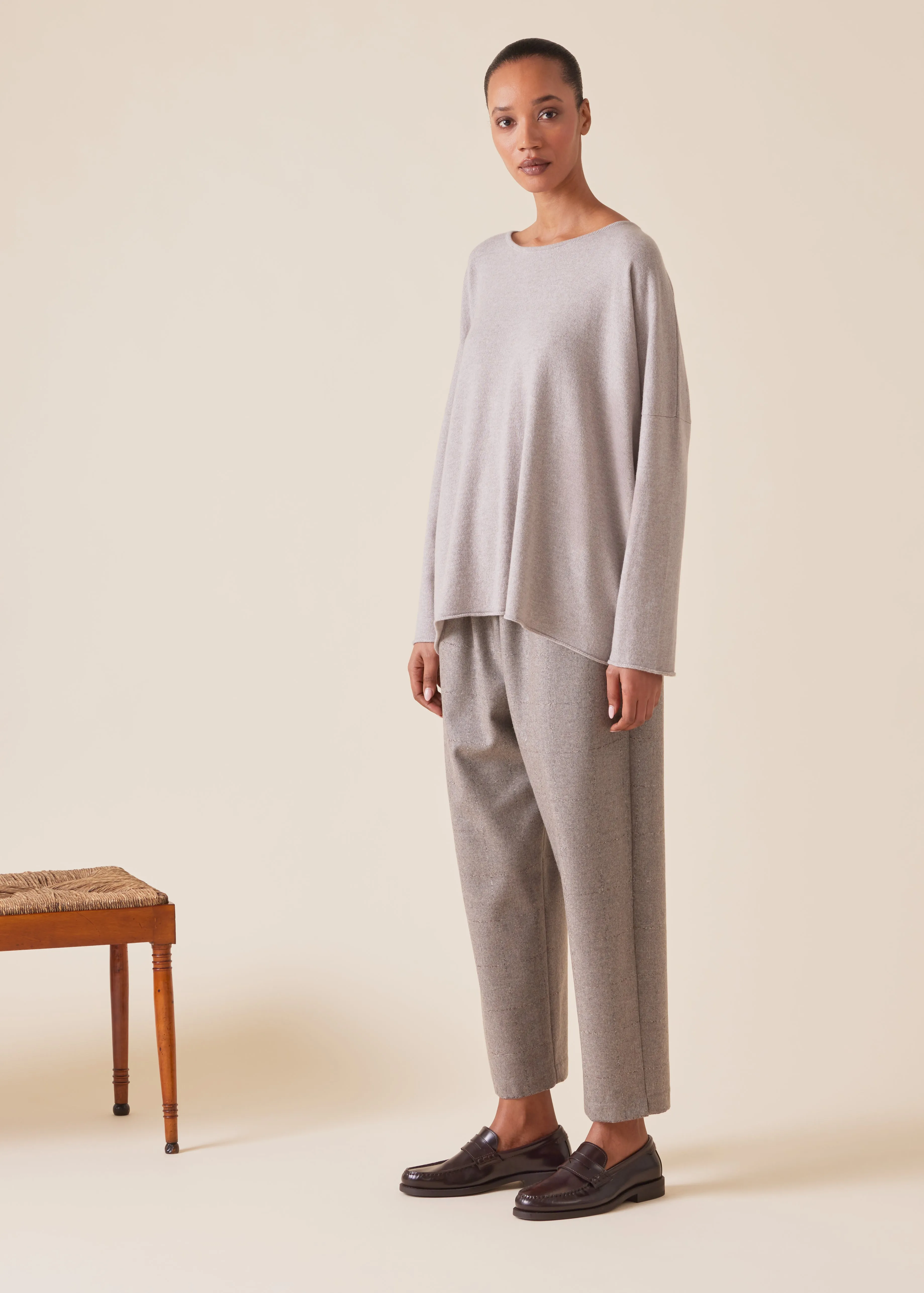 cashmere slim sleeve raw edge bateau neck sweater - mid plus (cygnet) sold by eskandar product image thumbnail 4