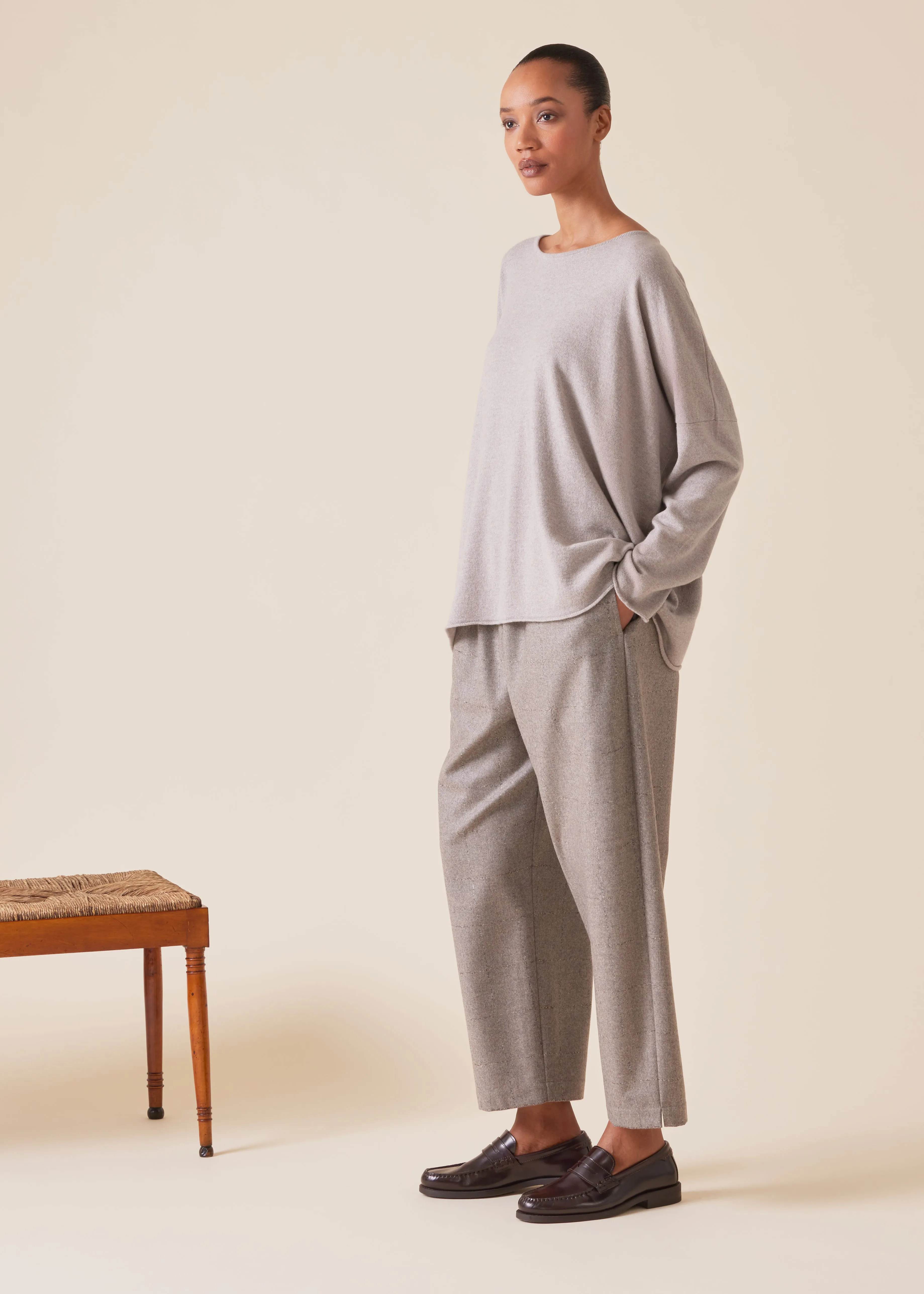 cashmere slim sleeve raw edge bateau neck sweater - mid plus (cygnet) sold by eskandar product image thumbnail 3