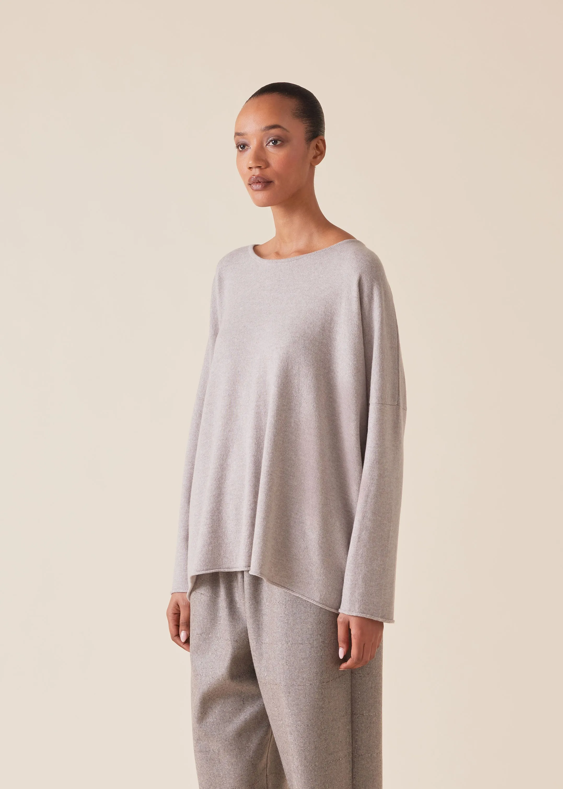 cashmere slim sleeve raw edge bateau neck sweater - mid plus (cygnet) sold by eskandar