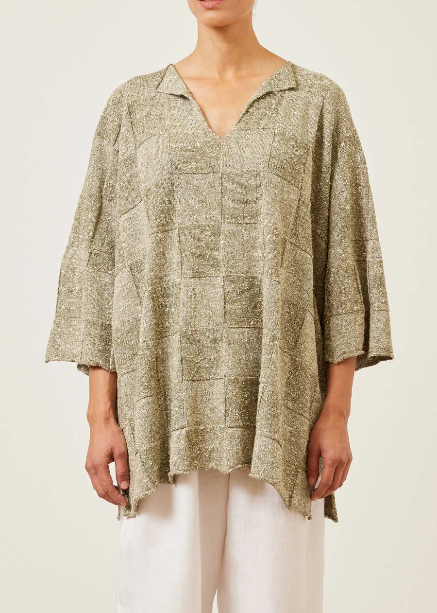linen silk mix square 3/4 sleeve slit neck sweater - long sold by eskandar