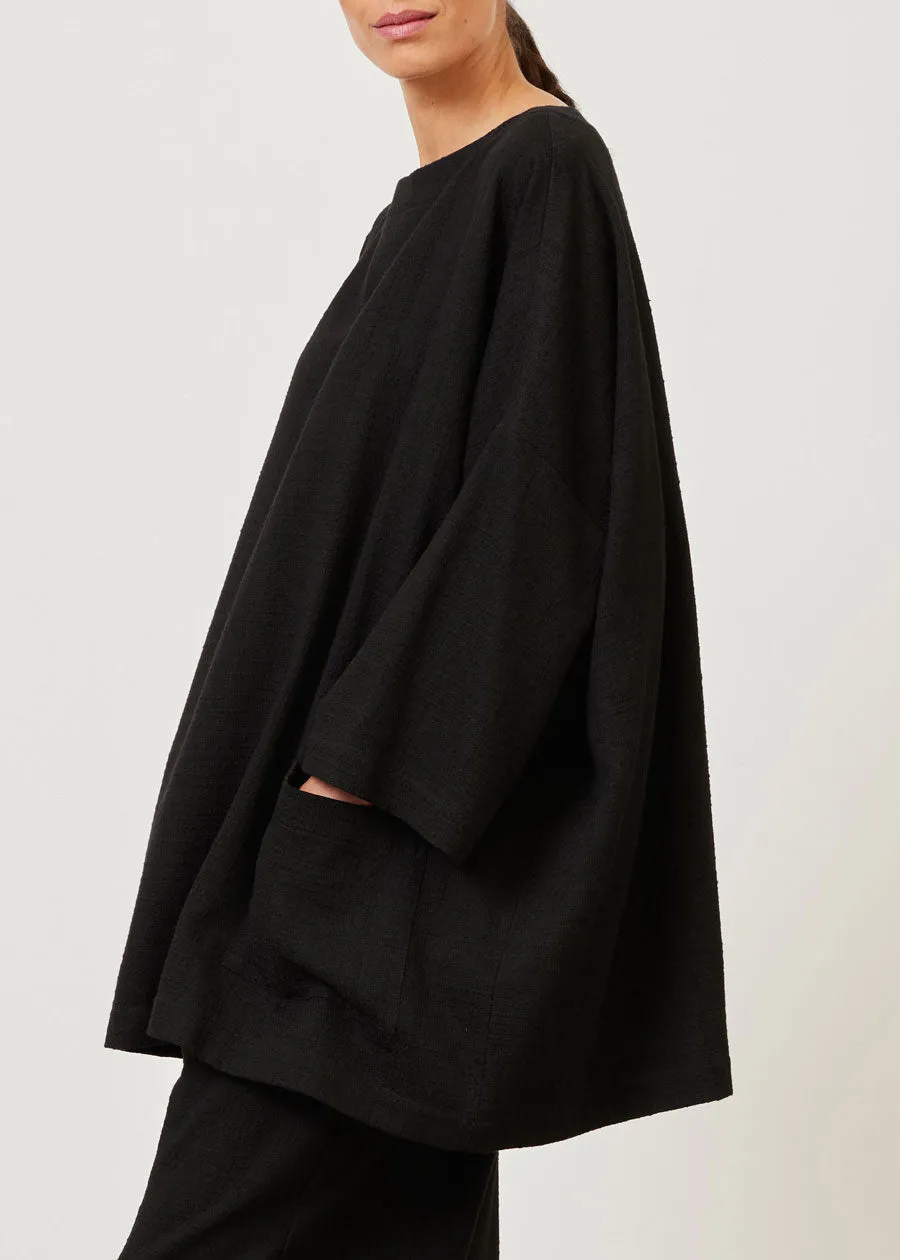 textured cotton sloped shoulder scoop neck poncho - long plus (black) sold by eskandar product image thumbnail 4