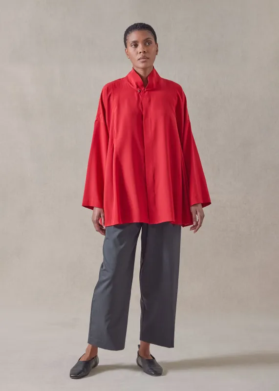 silk pleated shoulder swing shirt with chinese collar - long sold by eskandar