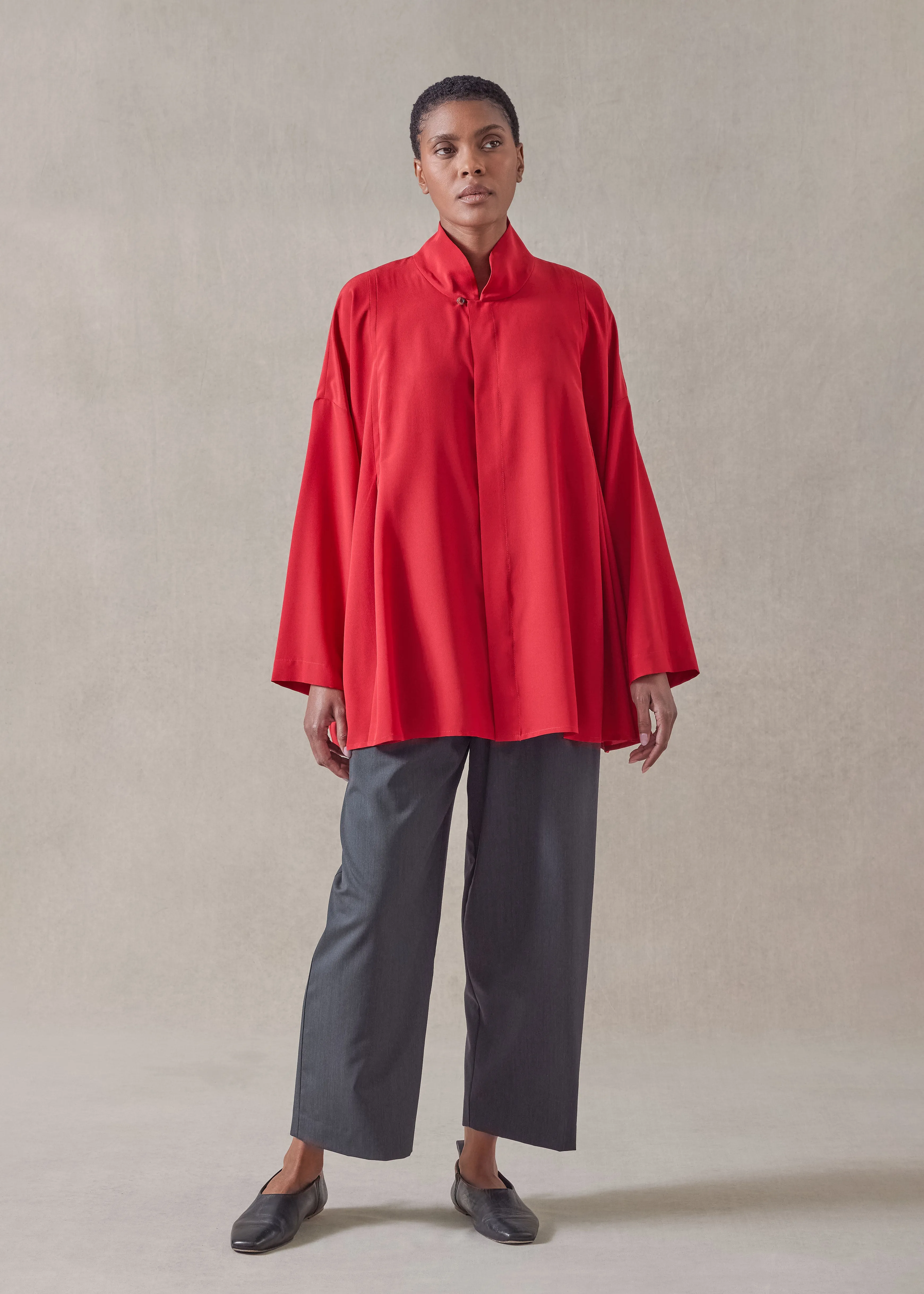 silk pleated shoulder swing shirt with chinese collar - long sold by eskandar