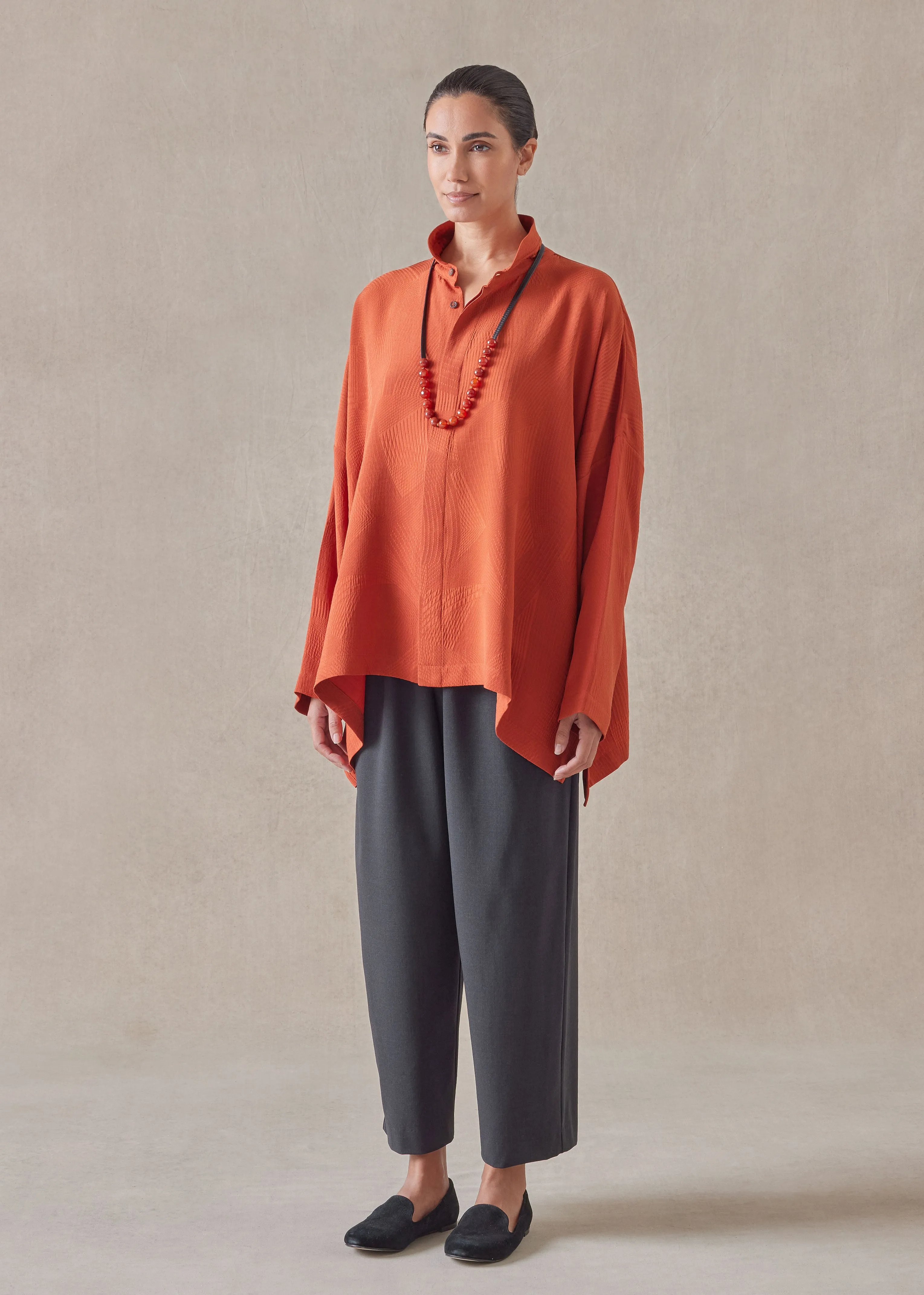 silk wide longer back double stand collar shirt - mid plus sold by eskandar product image thumbnail 2