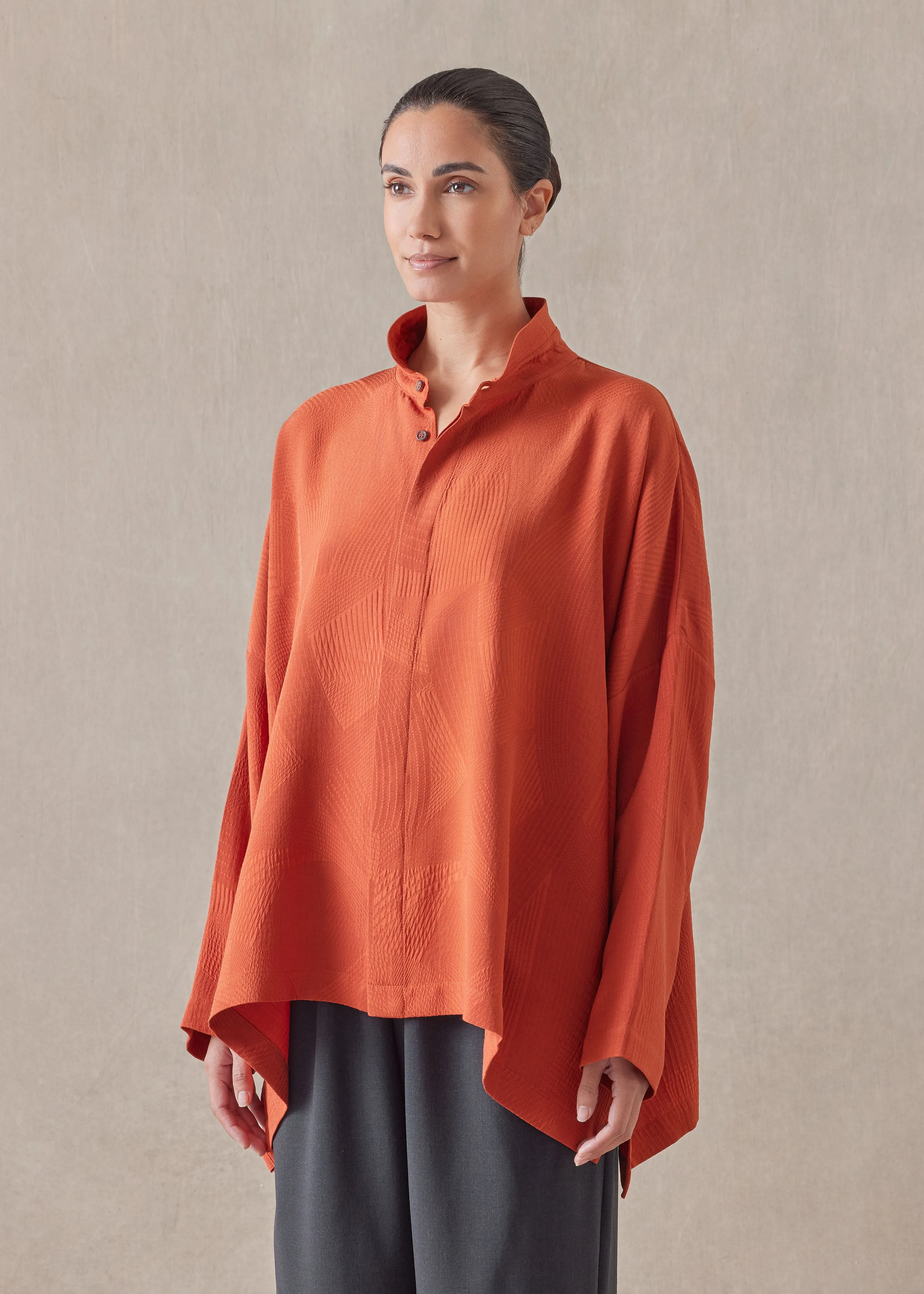 silk wide longer back double stand collar shirt - mid plus sold by eskandar