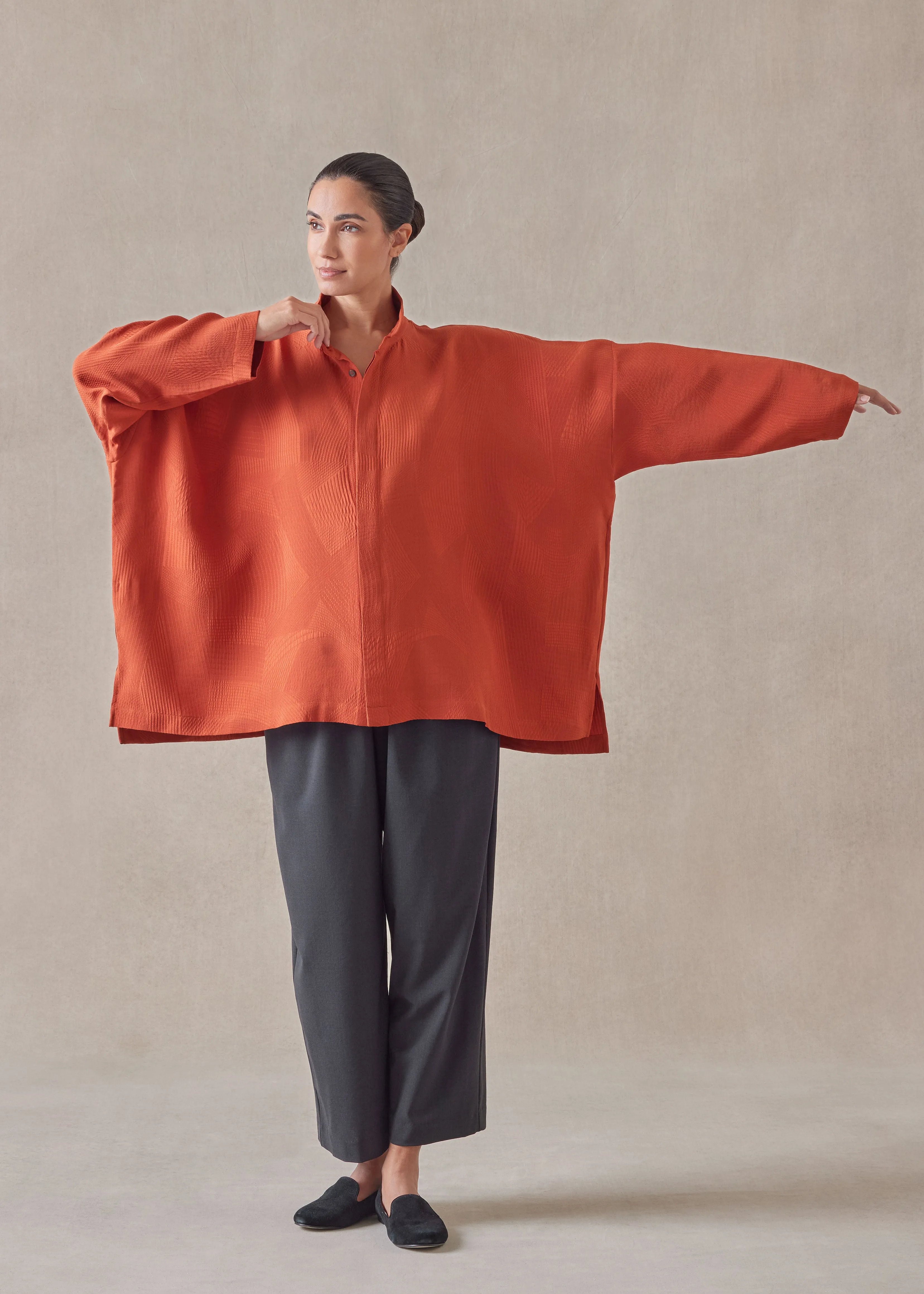 silk wide longer back double stand collar shirt - mid plus sold by eskandar product image thumbnail 5