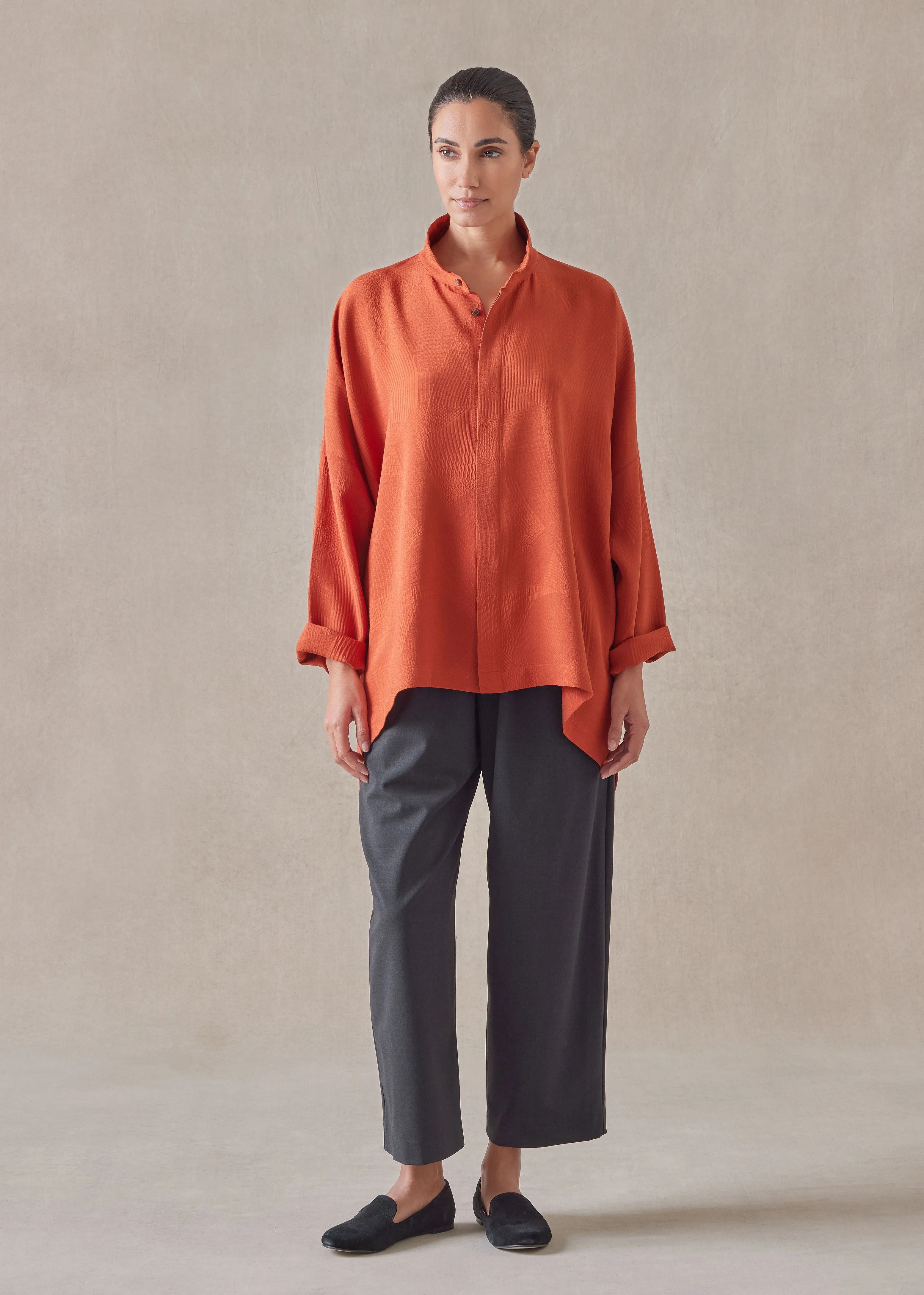 silk wide longer back double stand collar shirt - mid plus sold by eskandar product image thumbnail 4