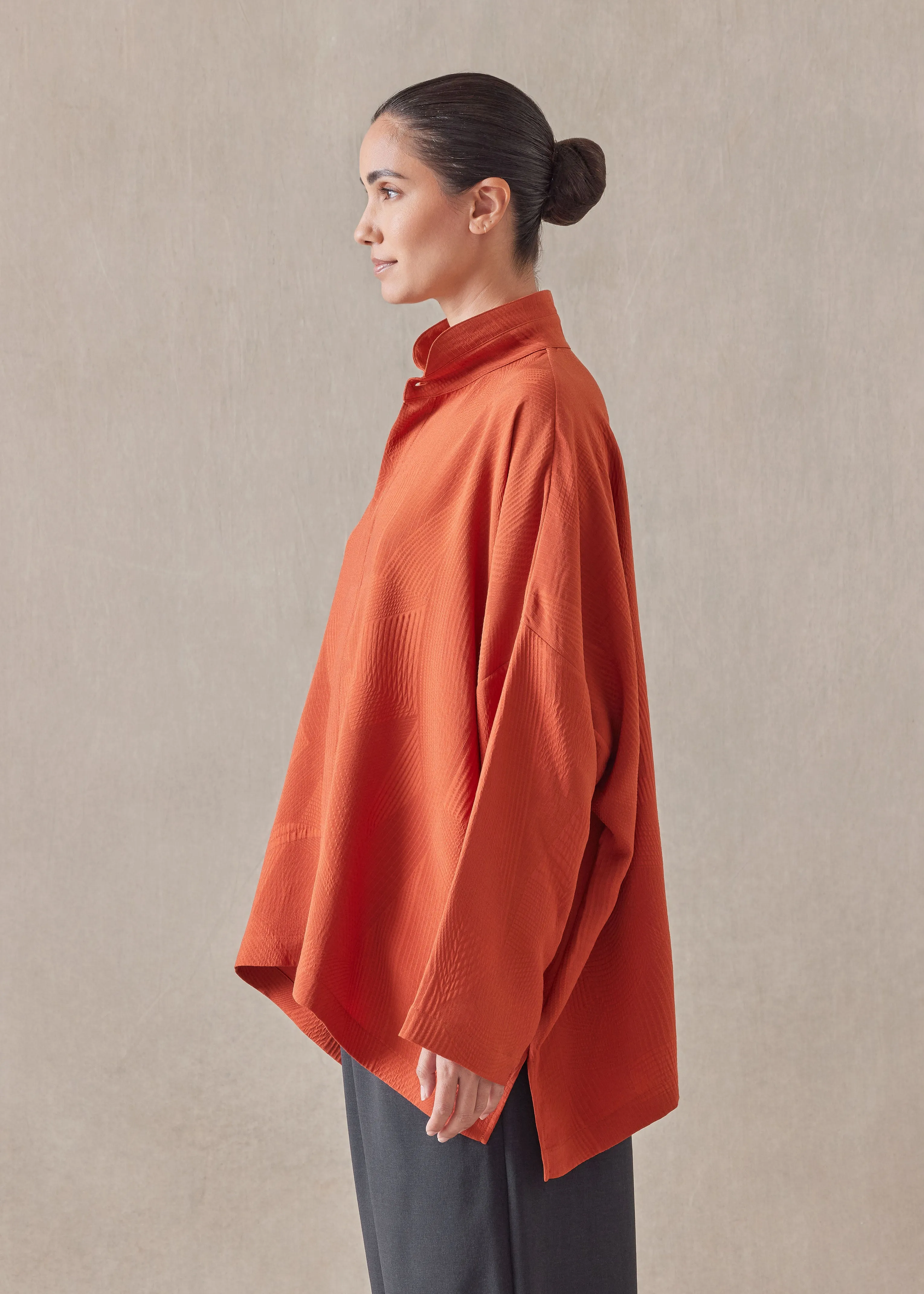 silk wide longer back double stand collar shirt - mid plus sold by eskandar product image thumbnail 3