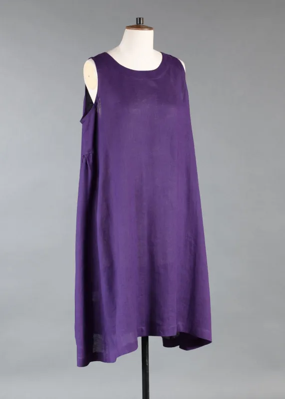 linen 3/4 length side pleated sleeveless dress sold by eskandar