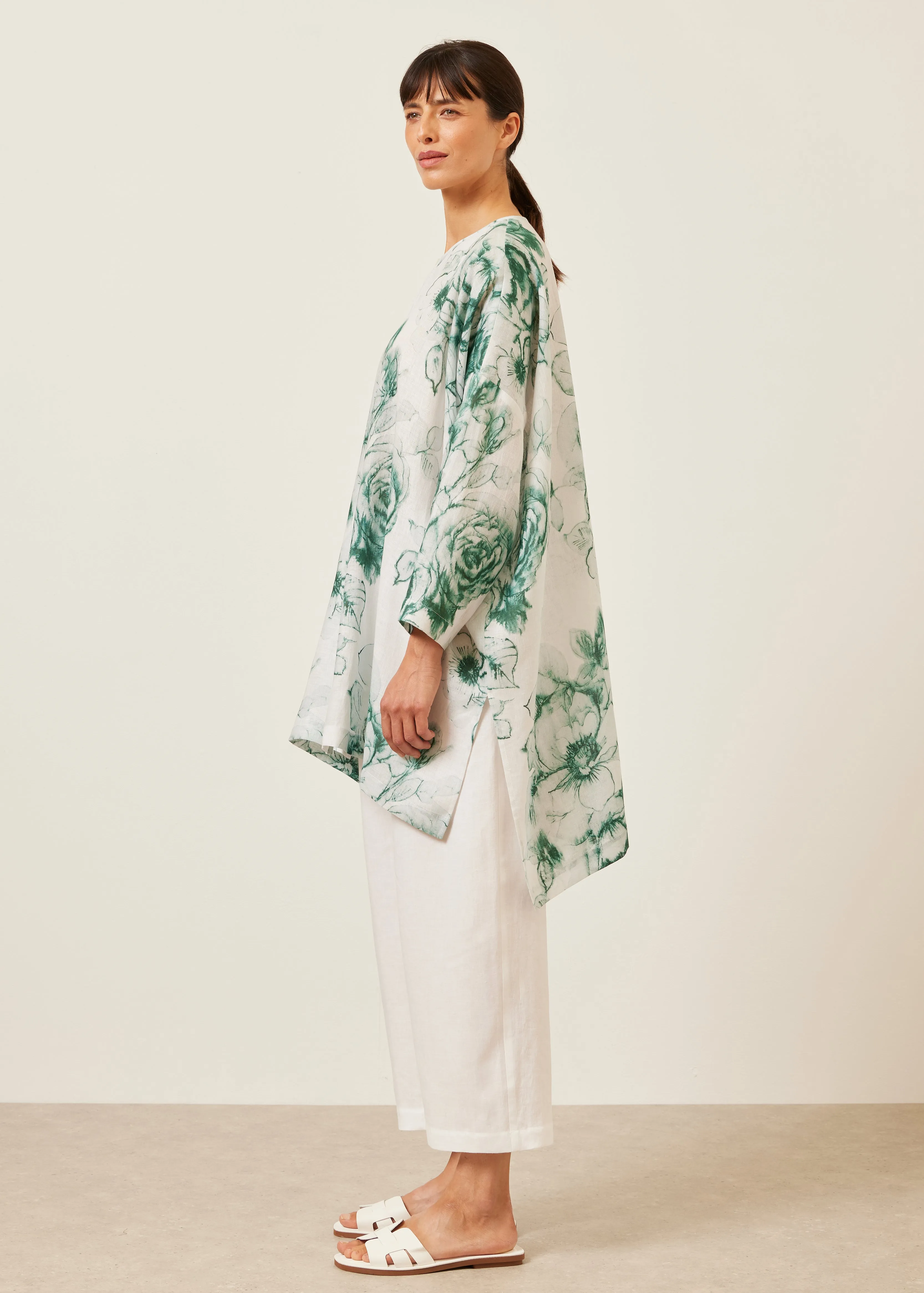 handkerchief linen wide longer back bound neck shirt - very long with slits sold by eskandar product image thumbnail 3