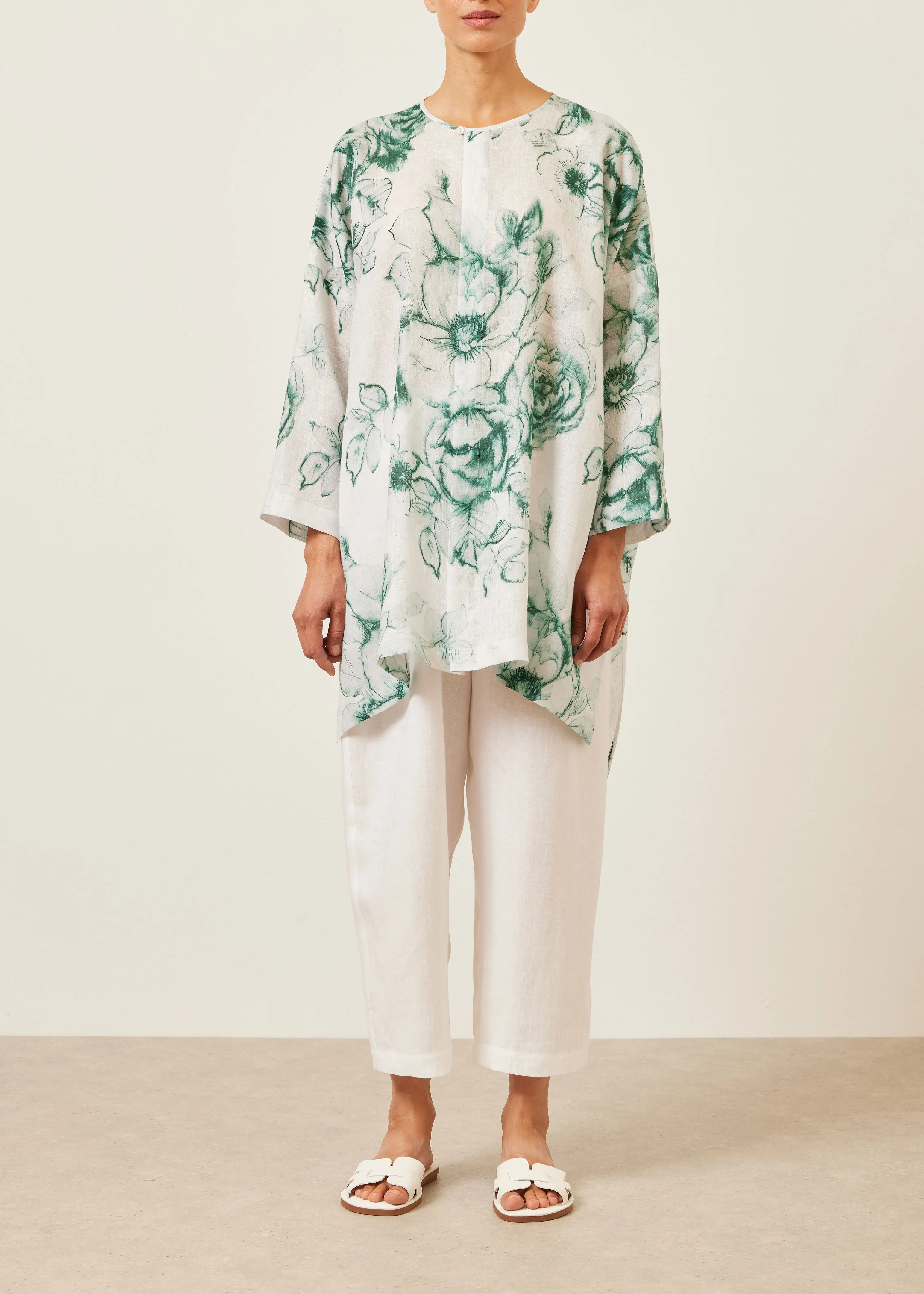 handkerchief linen wide longer back bound neck shirt - very long with slits sold by eskandar