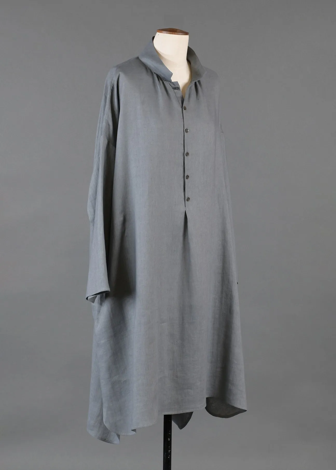 linen sloped shoulder wide a-line pleated collar smock dress (pewter) sold by eskandar