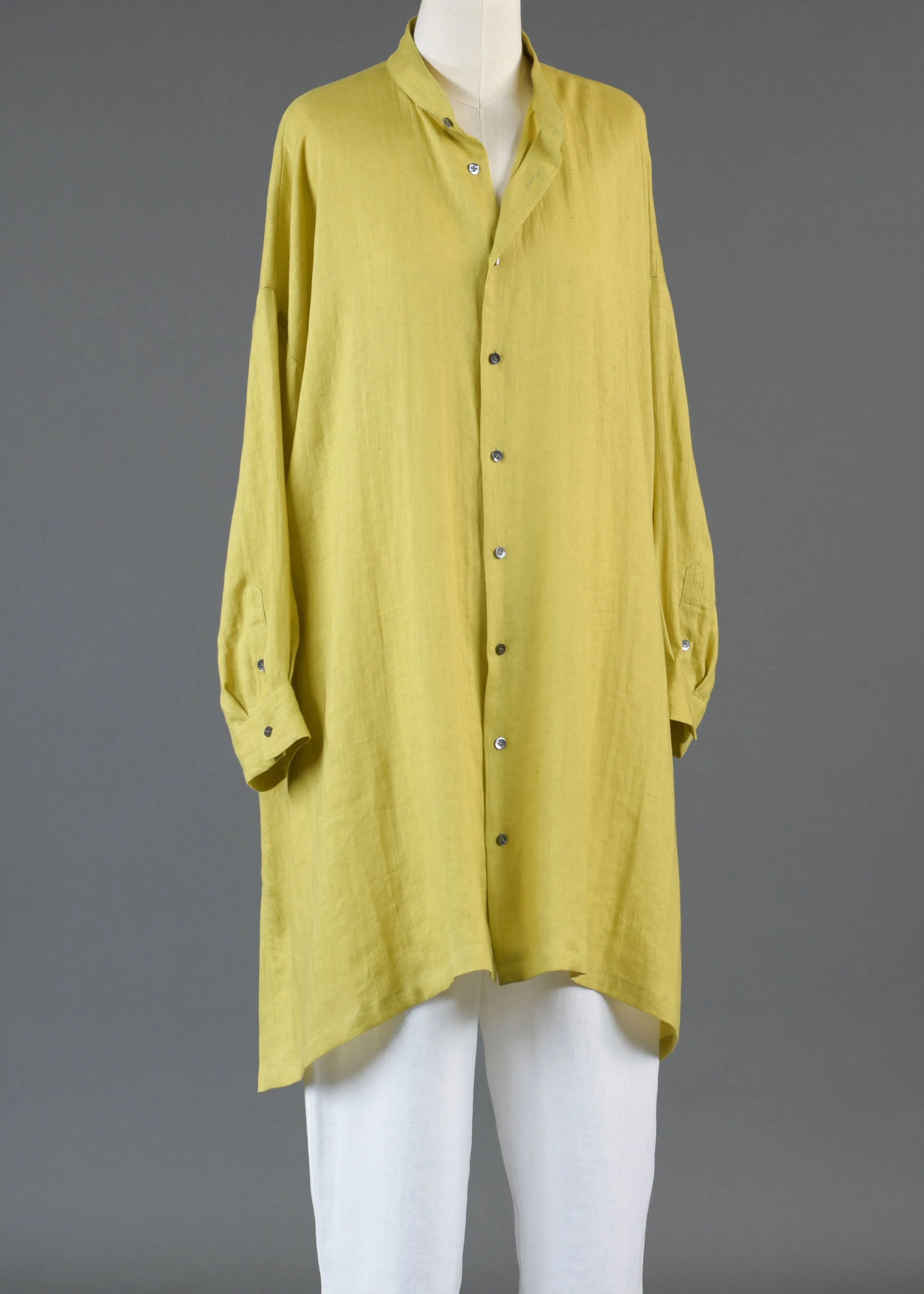 linen wide a-line collarless shirt - very long w/slits sold by eskandar
