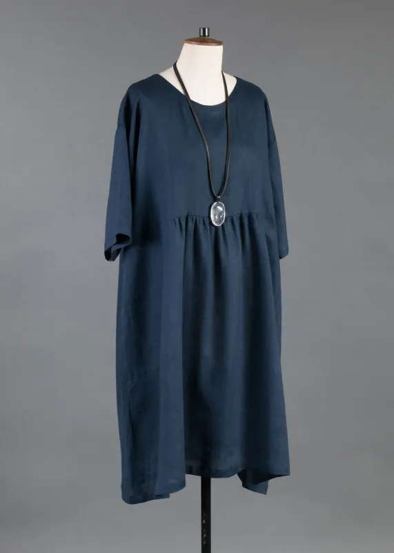linen short sleeve a-line round neck dress with pleated panels - very long sold by eskandar