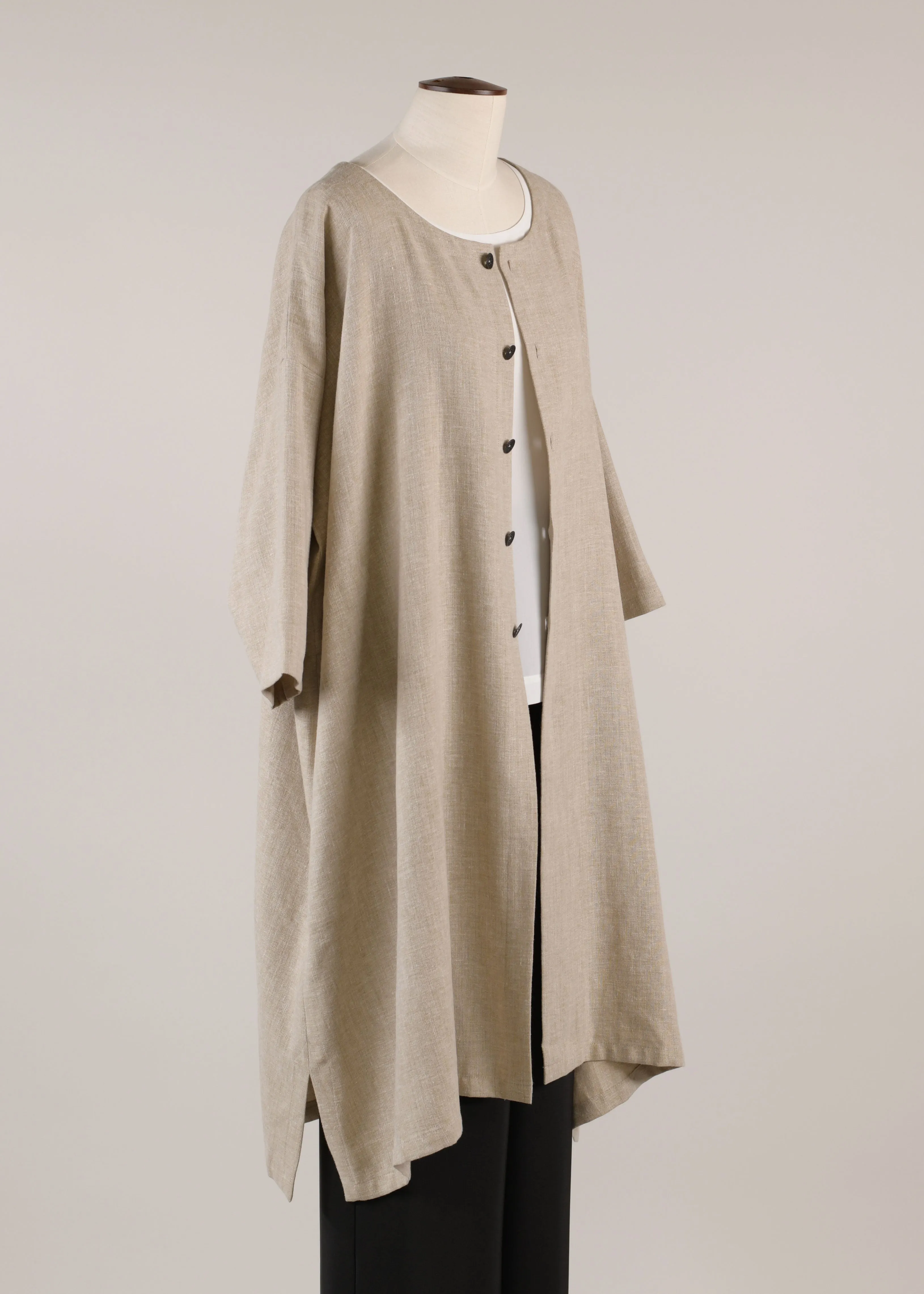 linen mix 3/4 sleeve wide a-line round neck coat - very long sold by eskandar product image thumbnail 4