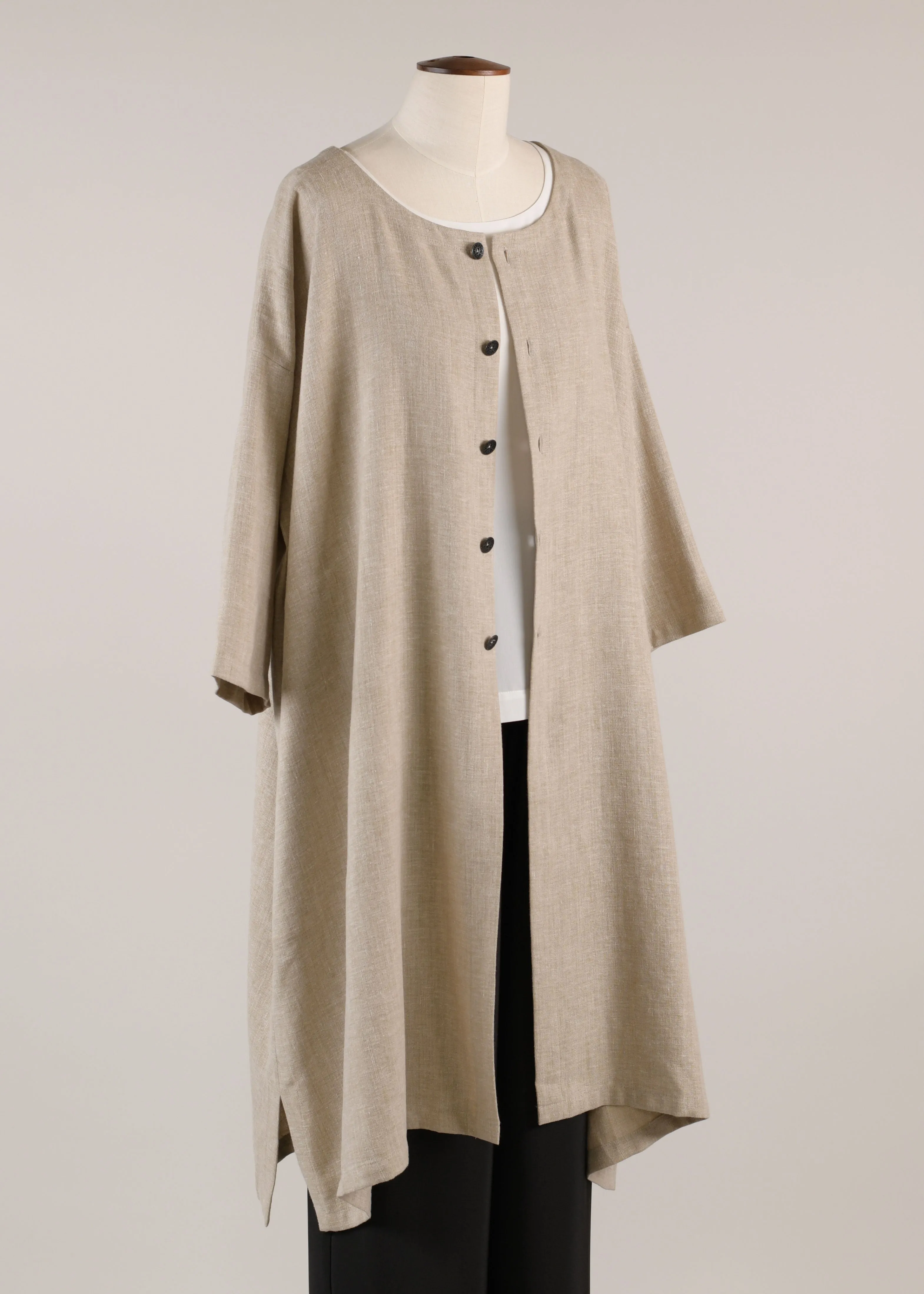 linen mix 3/4 sleeve wide a-line round neck coat - very long sold by eskandar product image thumbnail 2