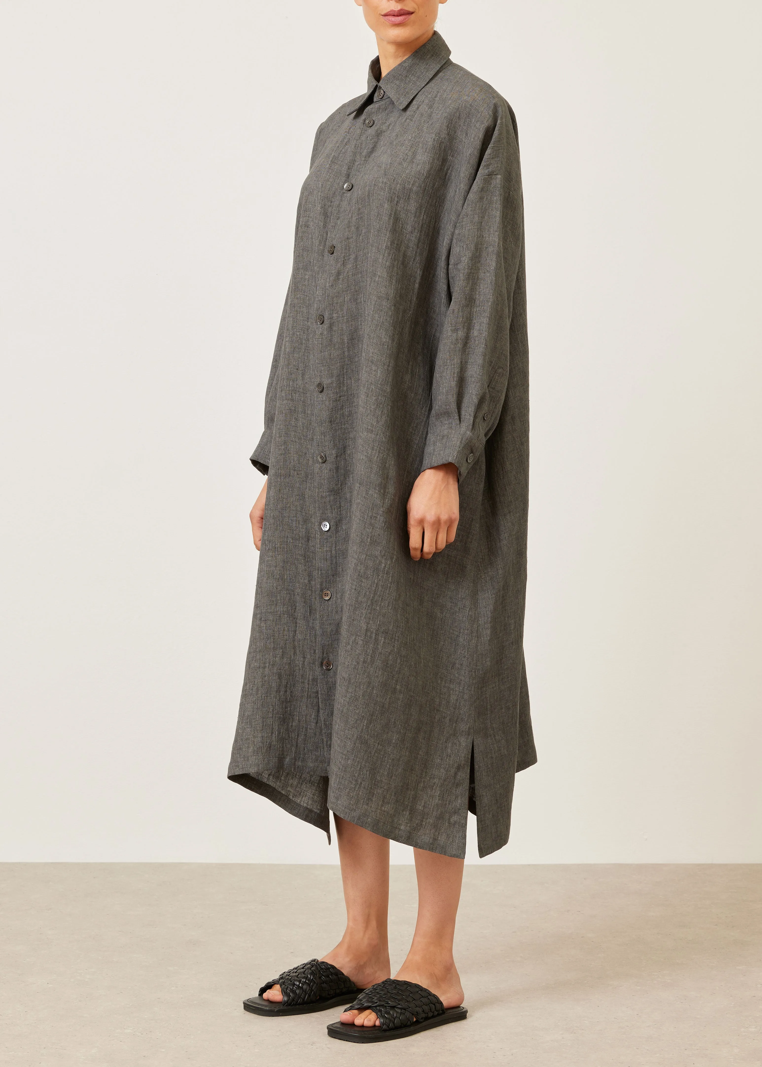 linen wide a-line shirt dress with collar sold by eskandar