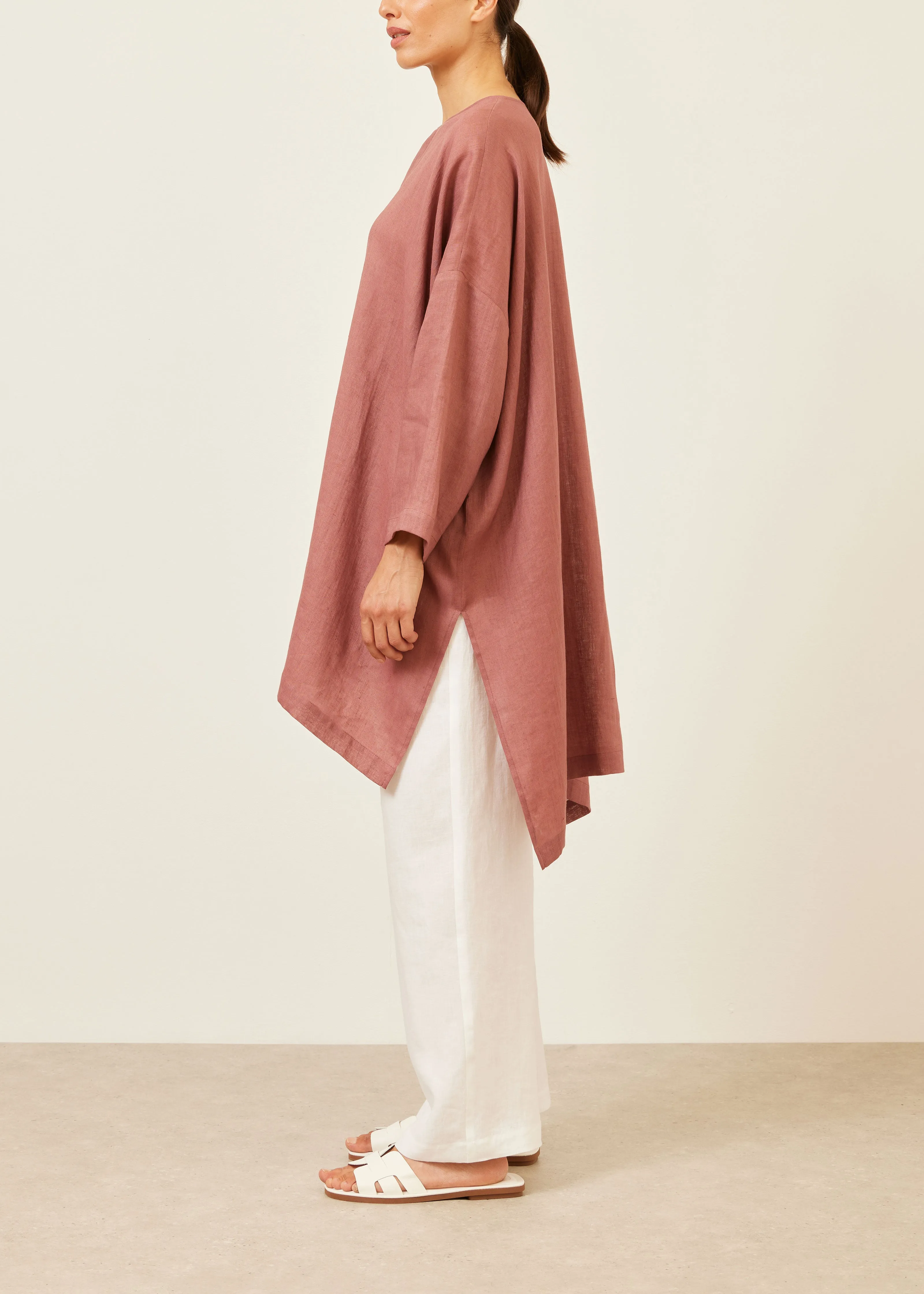 handkerchief linen wide longer back bound neck shirt - very long with slits sold by eskandar product image thumbnail 2