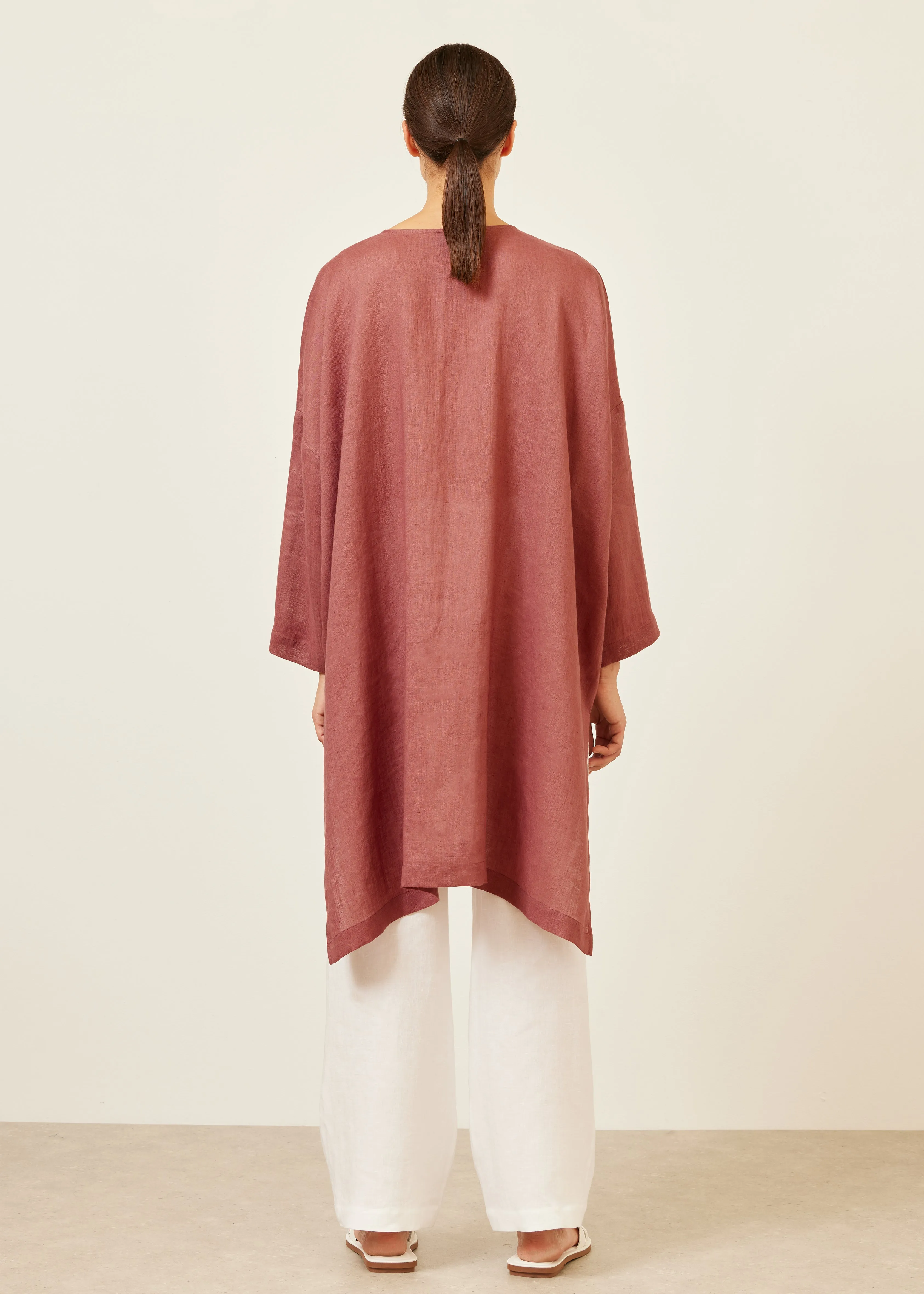 handkerchief linen wide longer back bound neck shirt - very long with slits sold by eskandar product image thumbnail 3