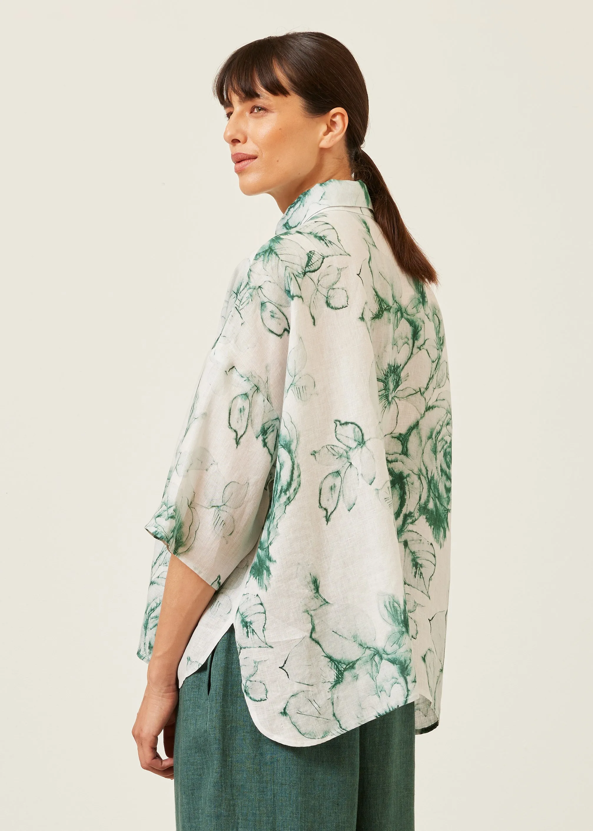 handkerchief linen sloped shoulder wide a-line short sleeve shirt with collar - mid sold by eskandar product image thumbnail 4