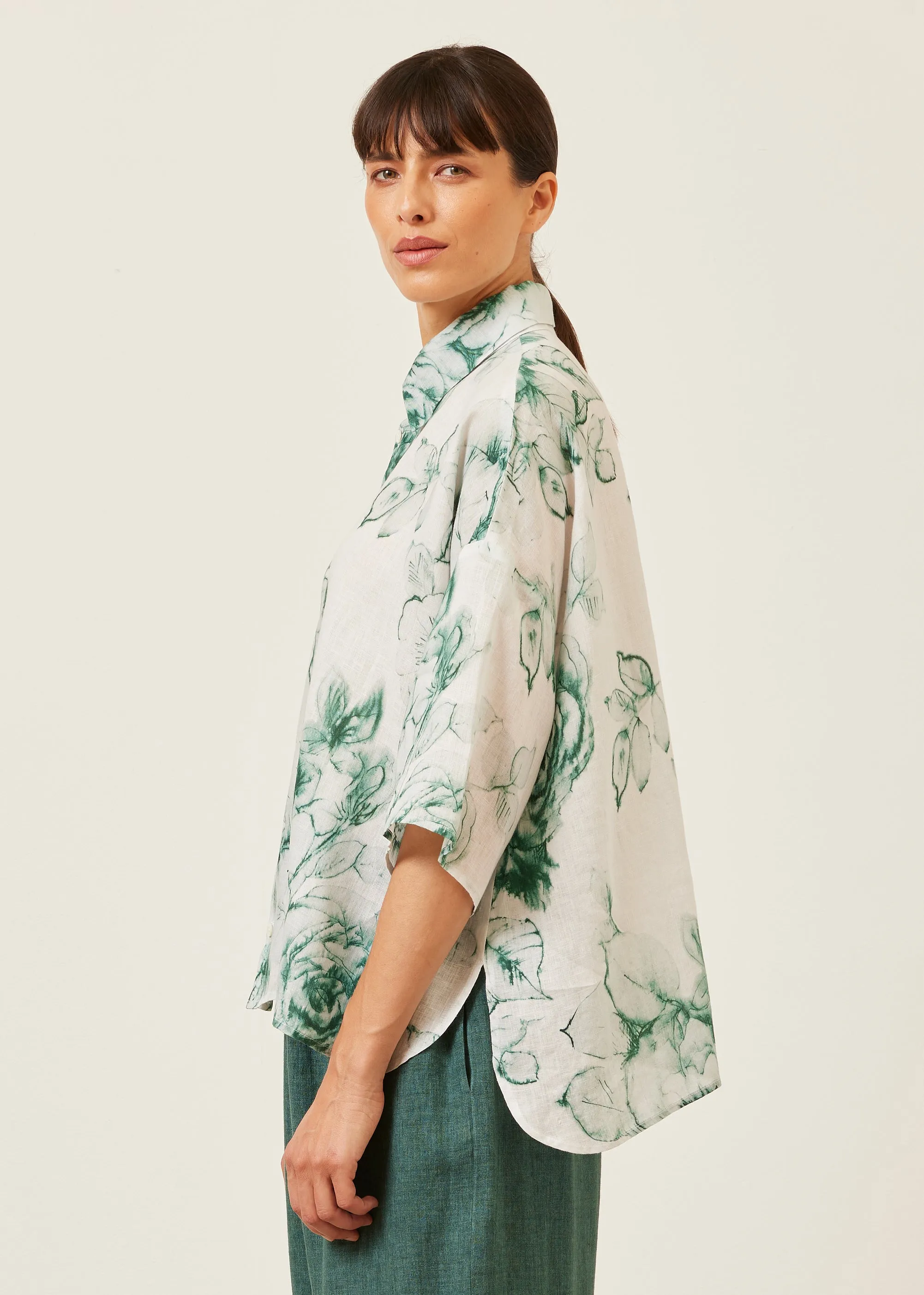 handkerchief linen sloped shoulder wide a-line short sleeve shirt with collar - mid sold by eskandar product image thumbnail 3