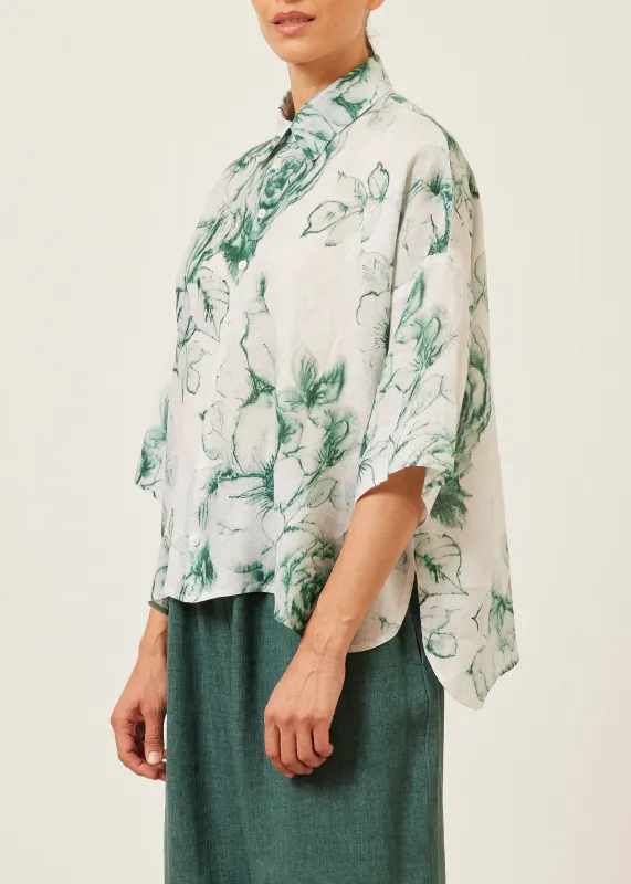 handkerchief linen sloped shoulder wide a-line short sleeve shirt with collar - mid sold by eskandar