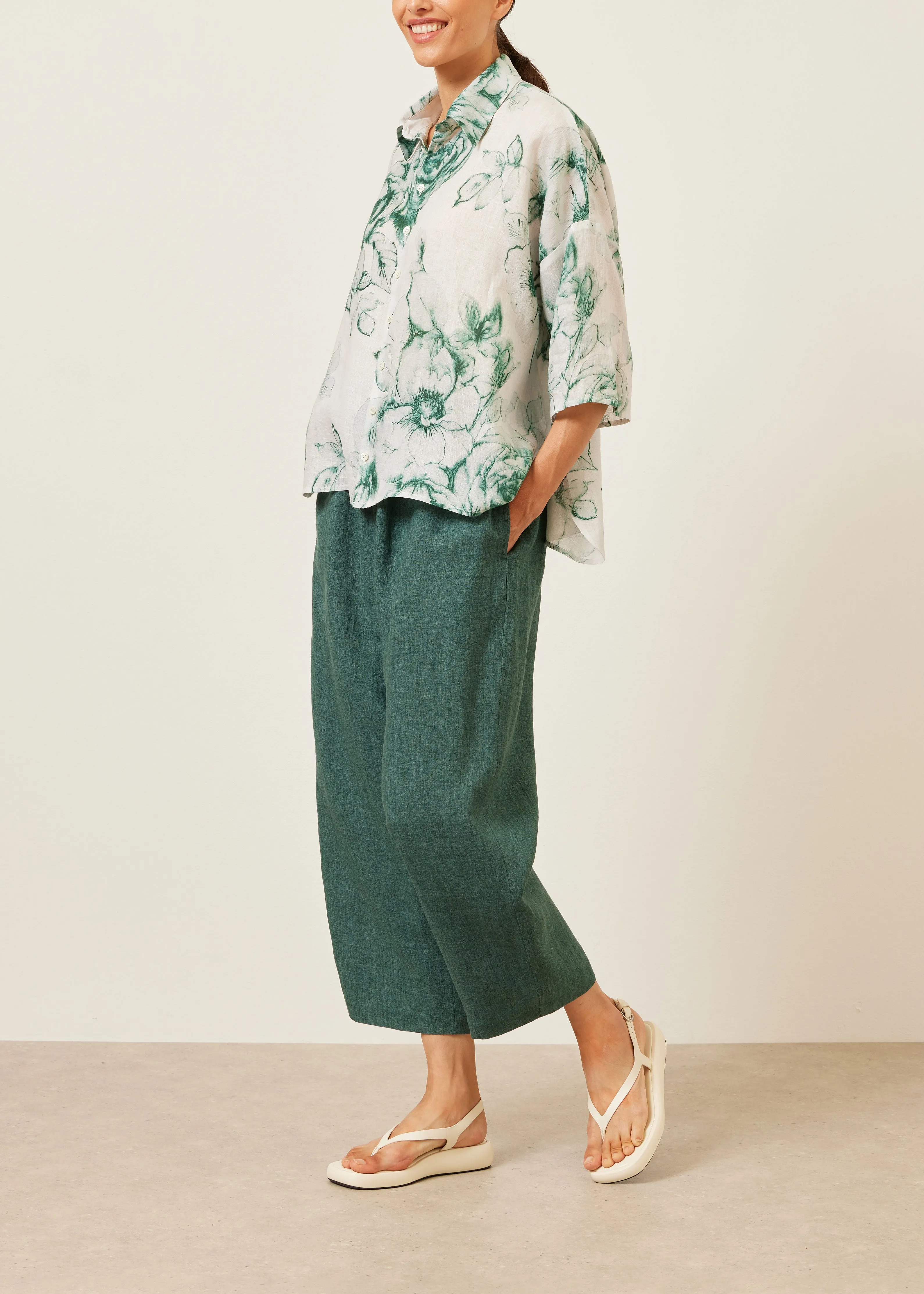 handkerchief linen sloped shoulder wide a-line short sleeve shirt with collar - mid sold by eskandar product image thumbnail 2