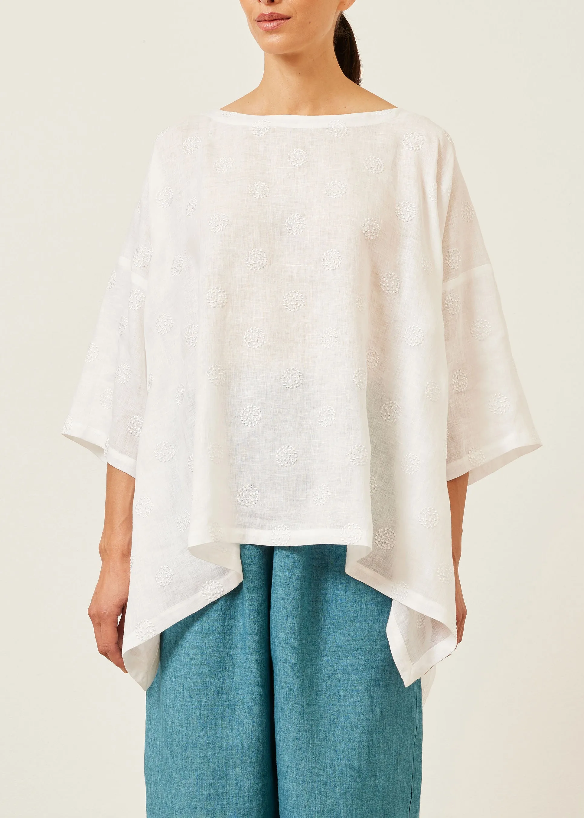 embroidered linen dps scoop neck 3/4 sleeve top - mid plus sold by eskandar