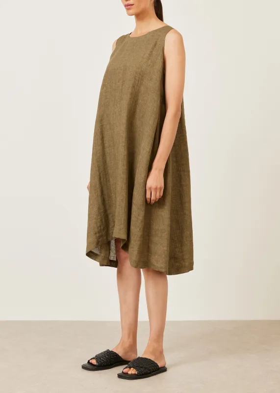 linen 3/4 length side pleated sleeveless dress sold by eskandar