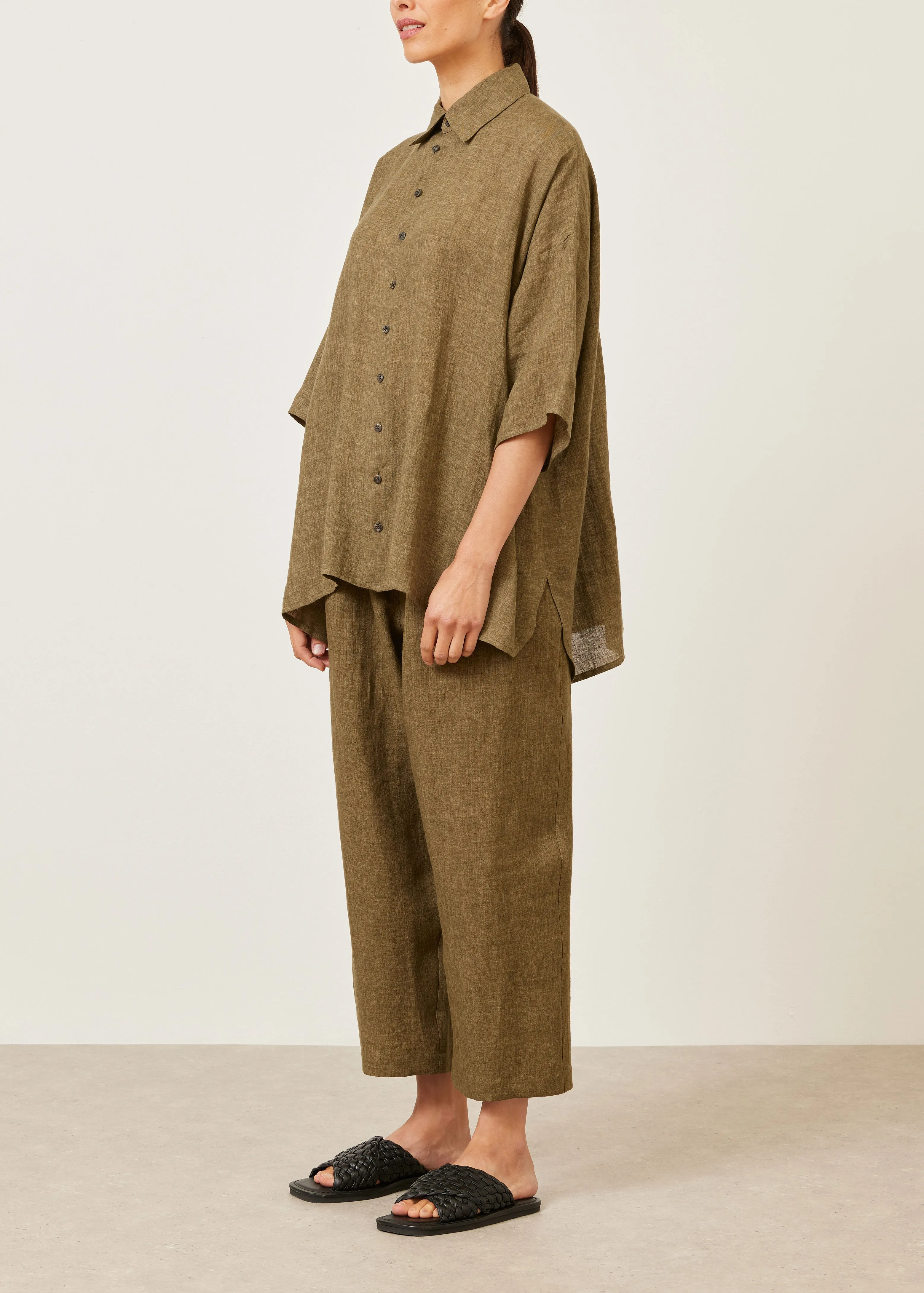 linen sloped shoulder wide a-line short sleeve shirt with collar - long sold by eskandar product image thumbnail 2