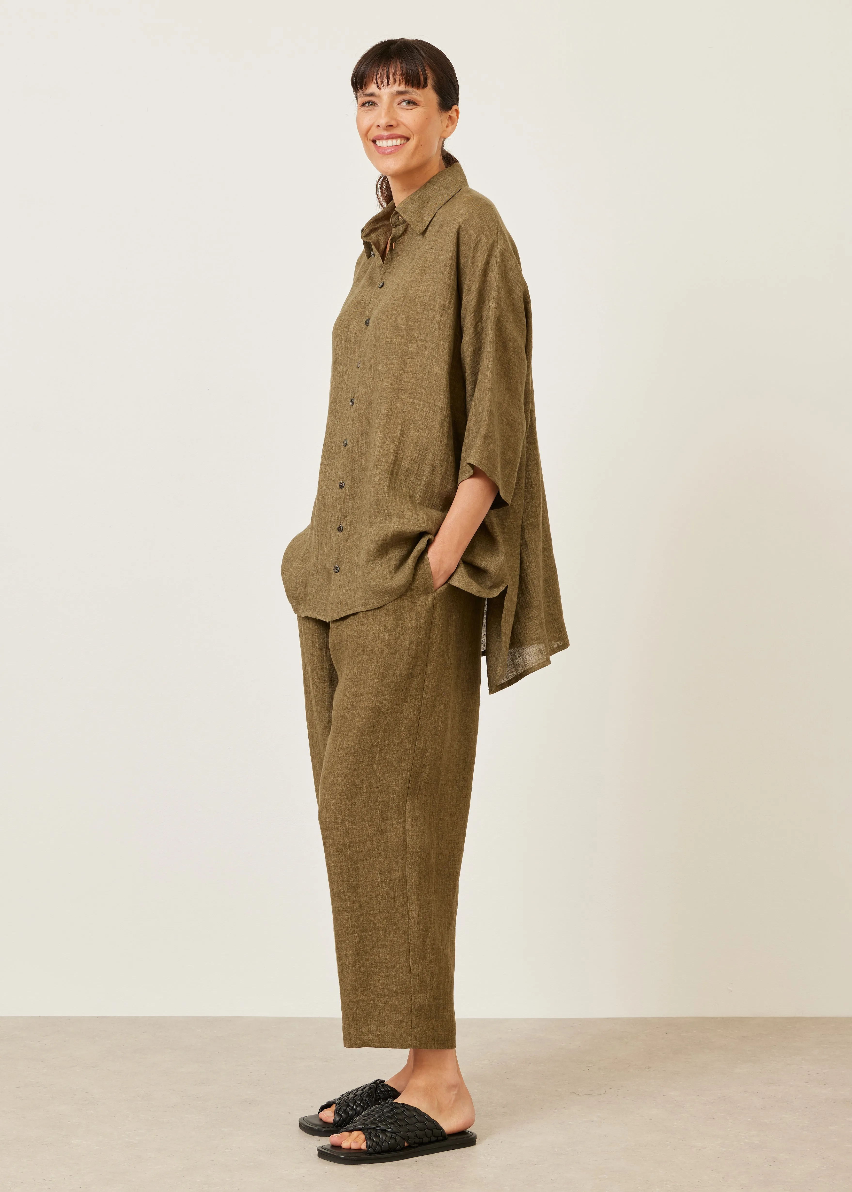 linen sloped shoulder wide a-line short sleeve shirt with collar - long sold by eskandar product image thumbnail 3