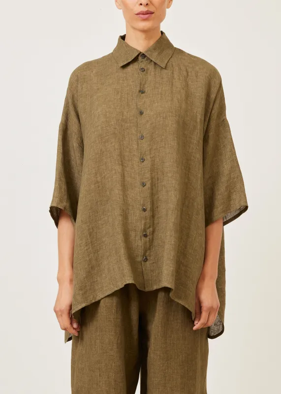 linen sloped shoulder wide a-line short sleeve shirt with collar - long sold by eskandar
