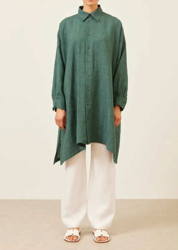 linen wide a-line shirt with collar - very long with slits sold by eskandar