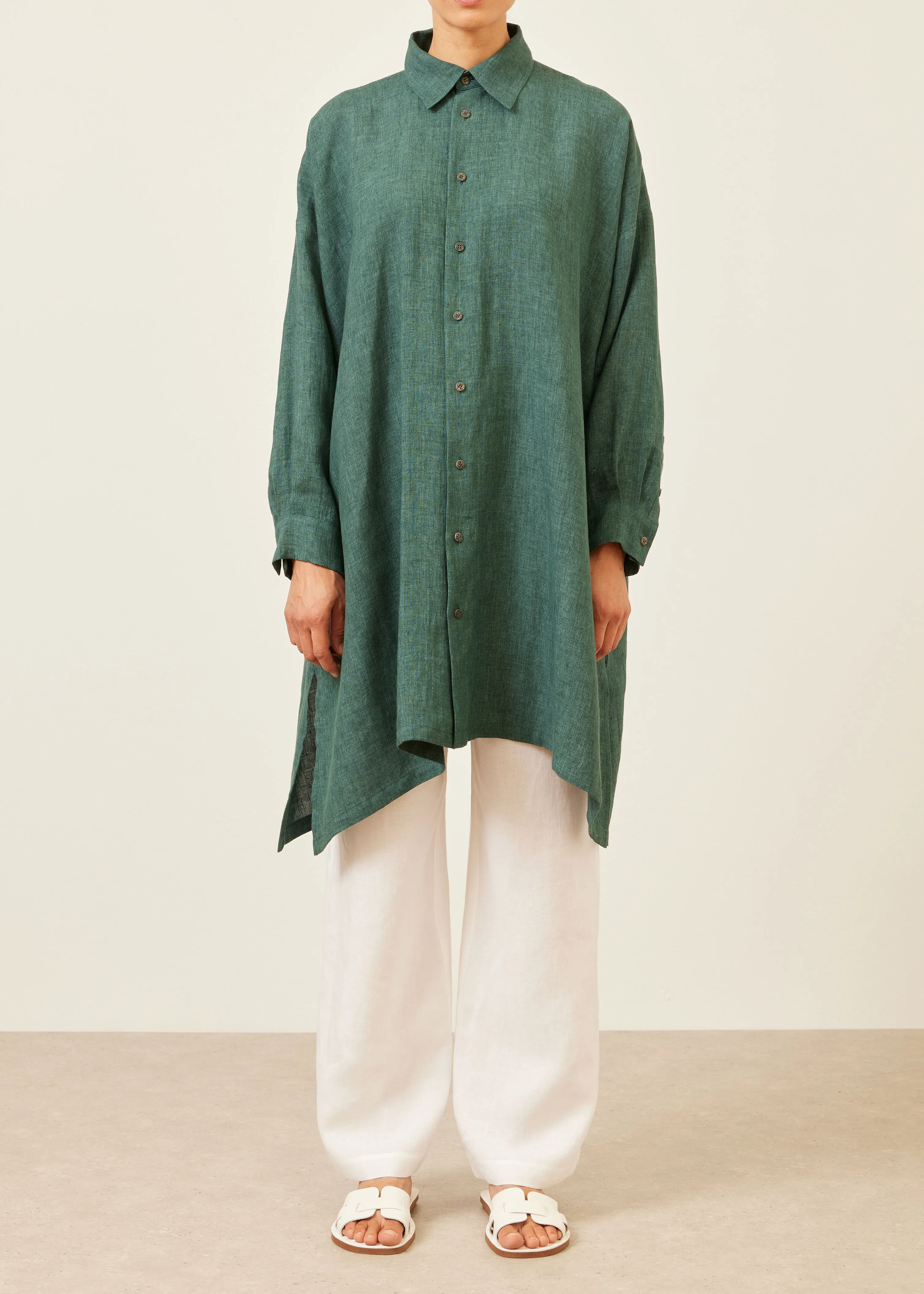 linen wide a-line shirt with collar - very long with slits sold by eskandar
