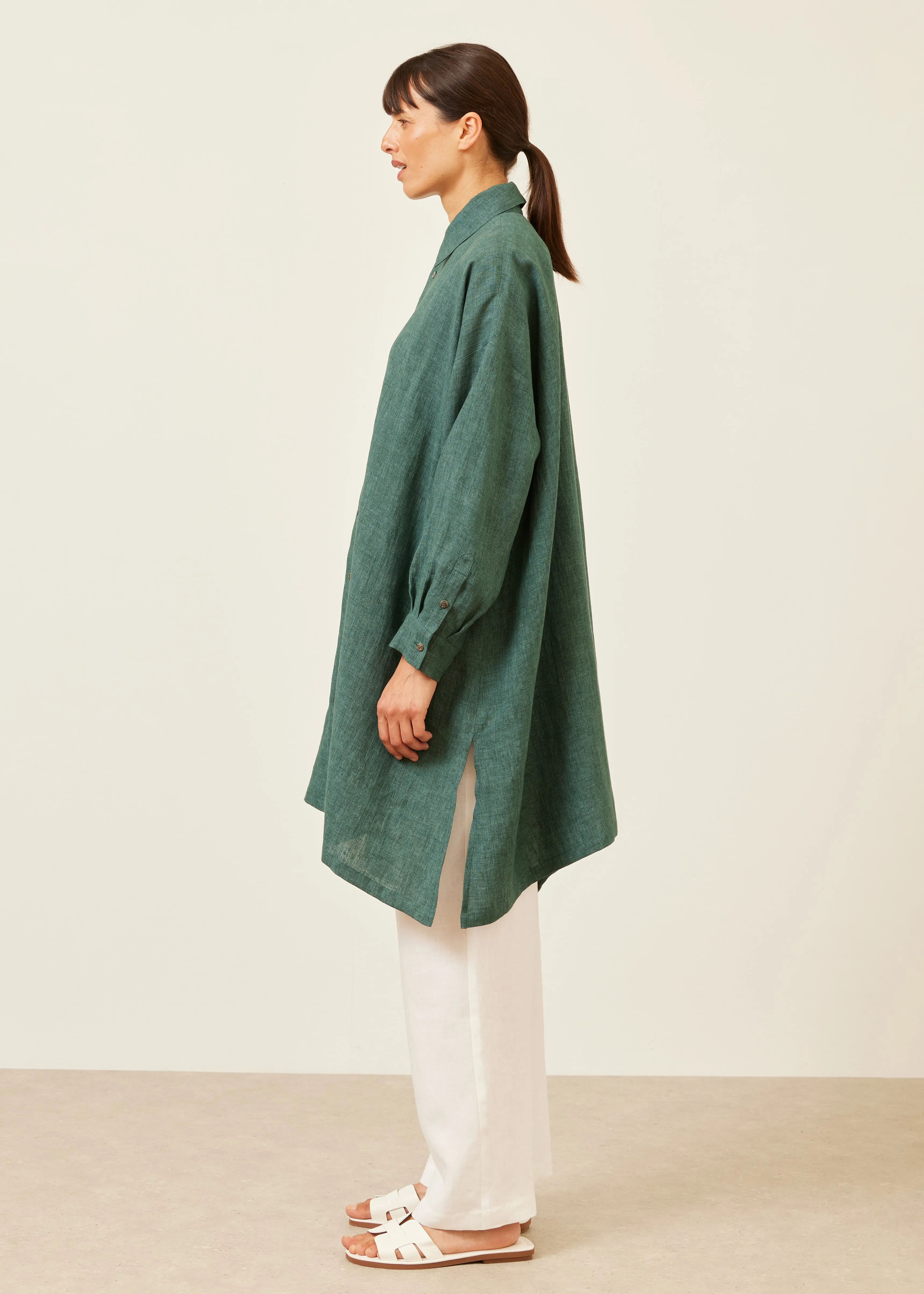 linen wide a-line shirt with collar - very long with slits sold by eskandar product image thumbnail 3