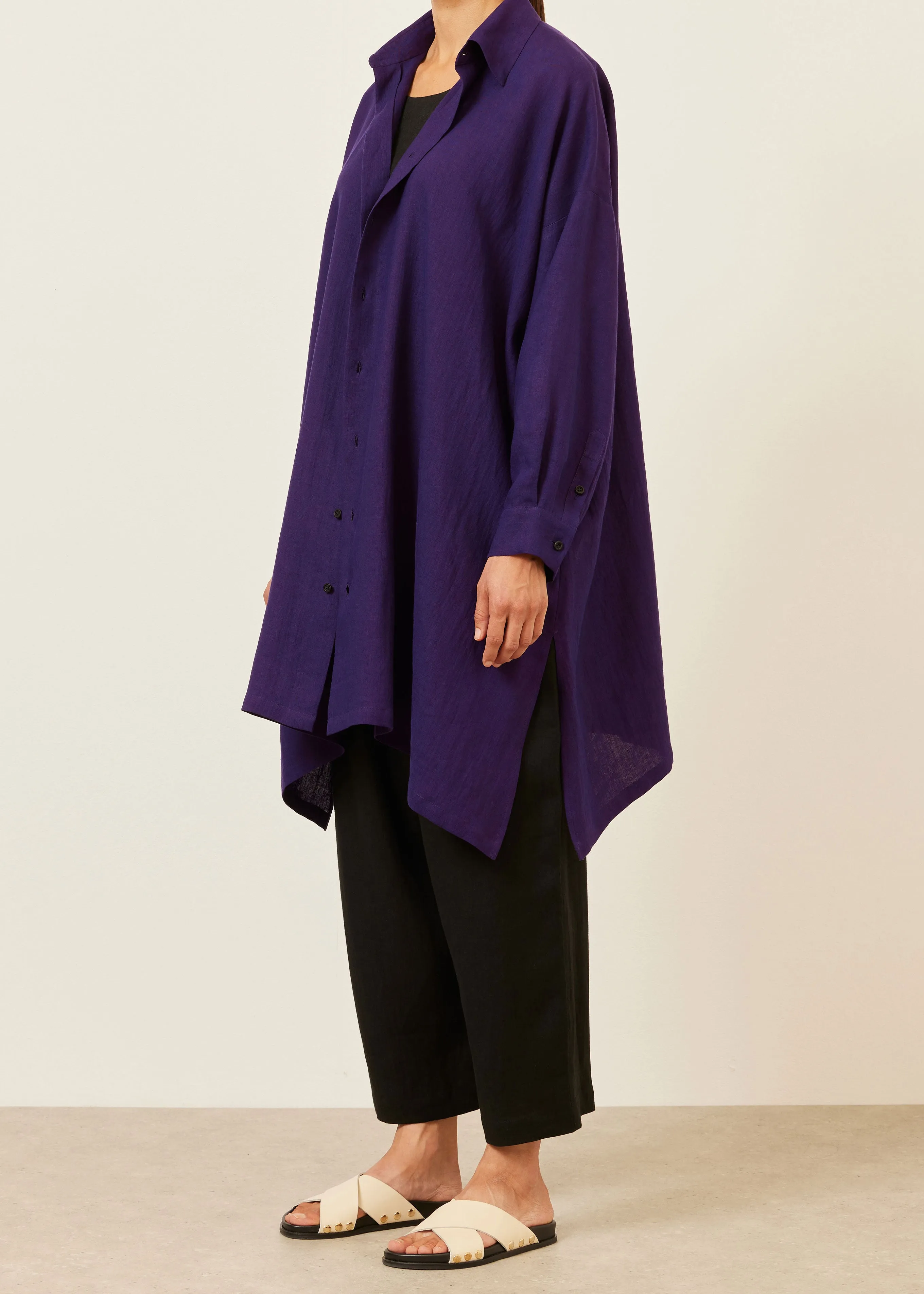 linen wide a-line shirt with collar - very long with slits sold by eskandar