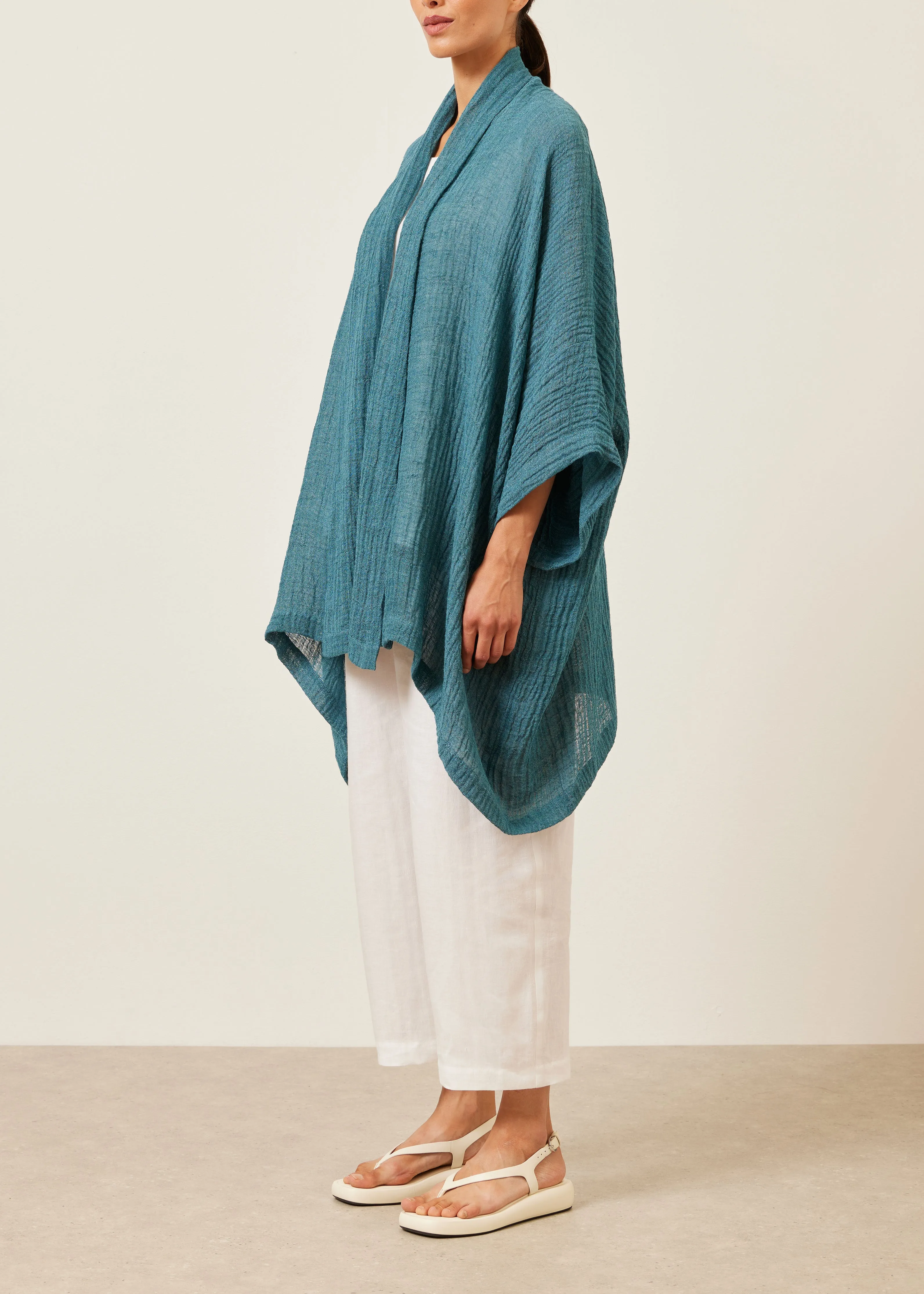 linen gauze wide short sleeve scrunch shawl collar jacket - long plus sold by eskandar product image thumbnail 2