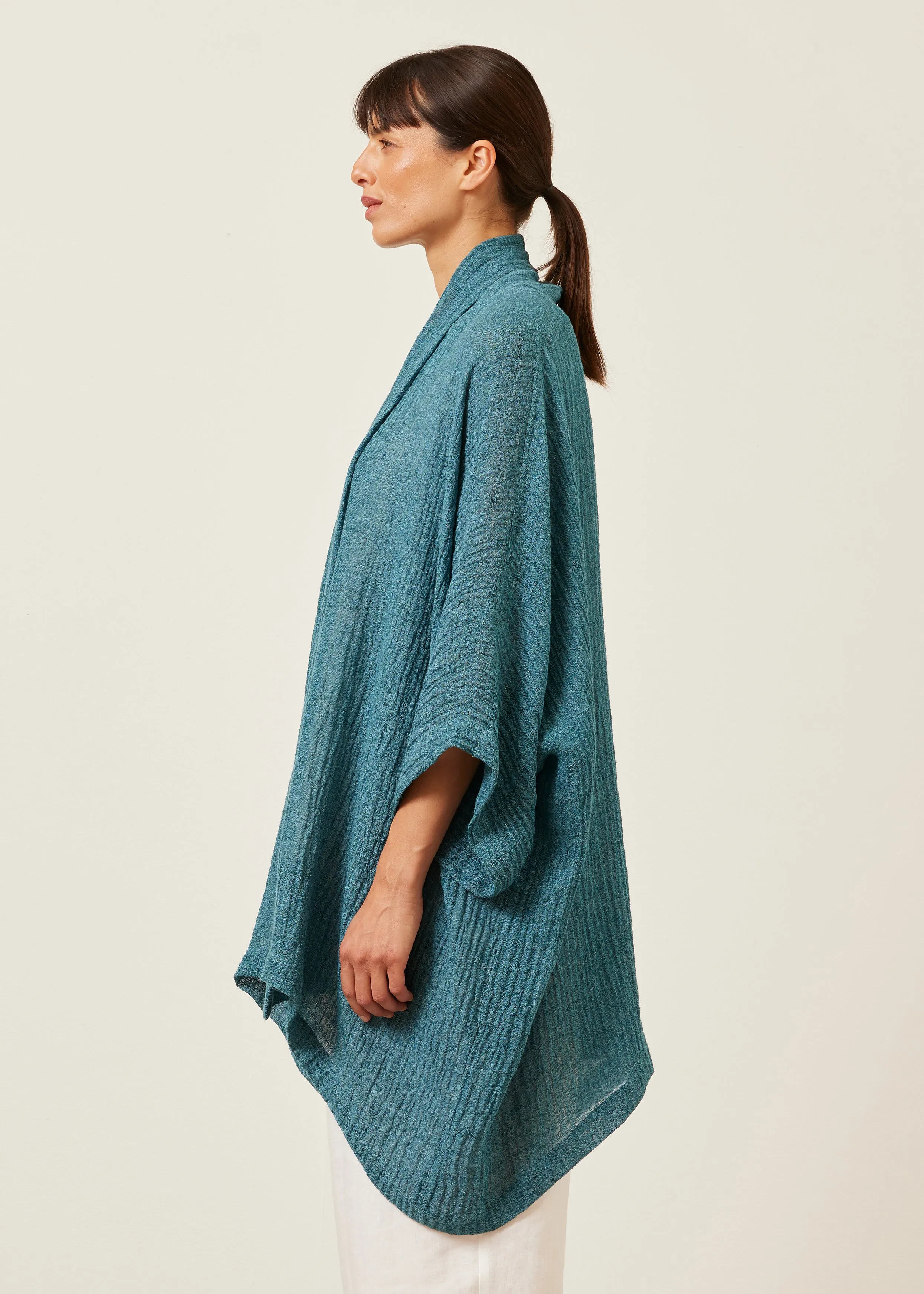 linen gauze wide short sleeve scrunch shawl collar jacket - long plus sold by eskandar product image thumbnail 3