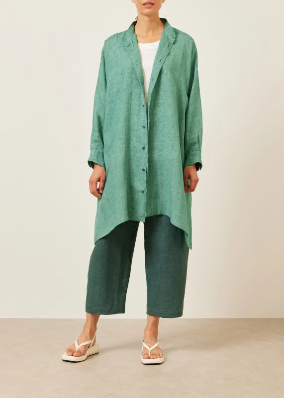 linen wide a-line collarless shirt - very long with slits sold by eskandar